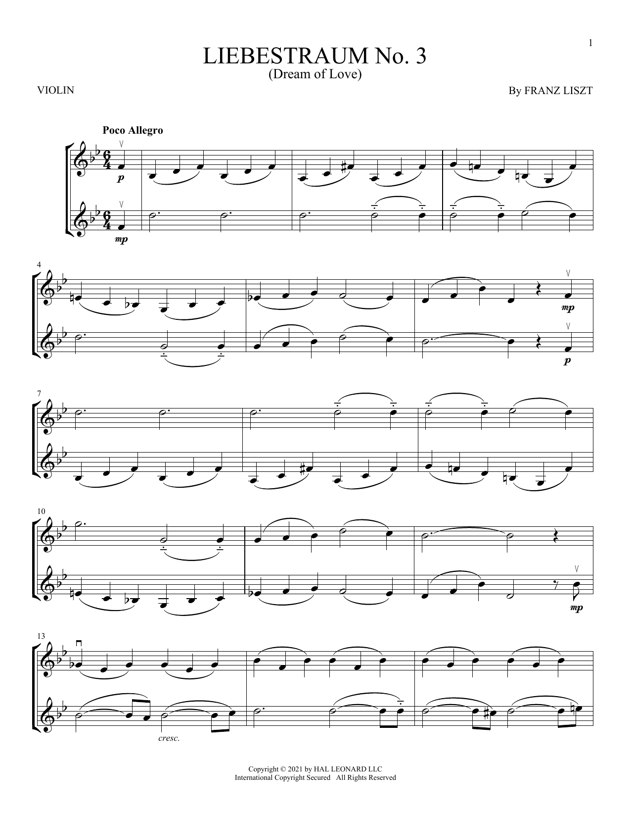 Liebestraum No. 3 (Dream Of Love) (Violin Duet) von Franz Liszt