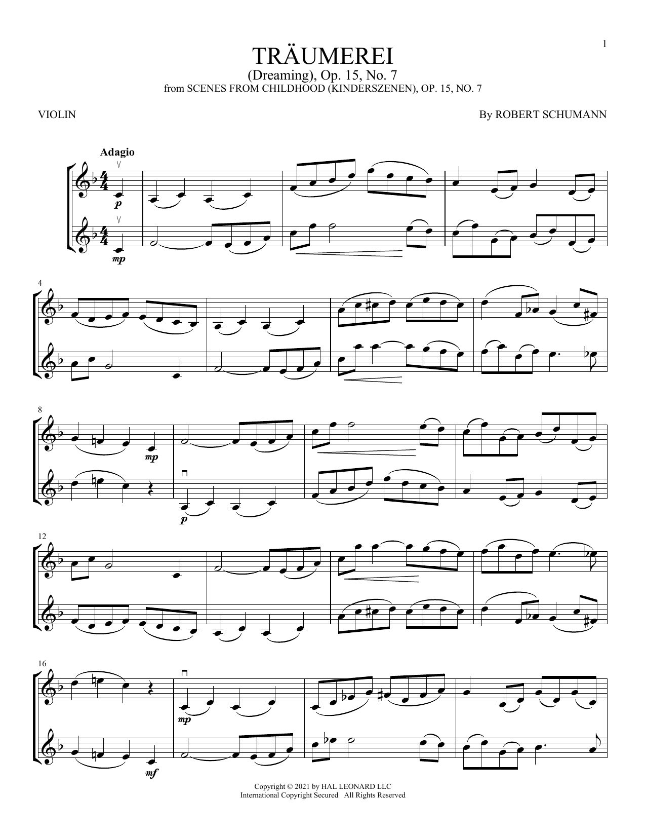 Traumerei (Dreaming), Op. 15, No. 7 (Violin Duet) von Robert Schumann