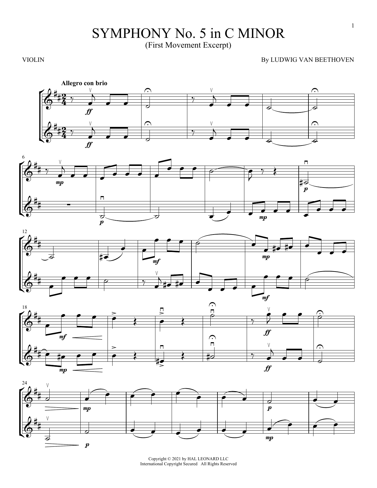 Symphony No. 5 In C Minor, First Movement Excerpt (Violin Duet) von Ludwig van Beethoven