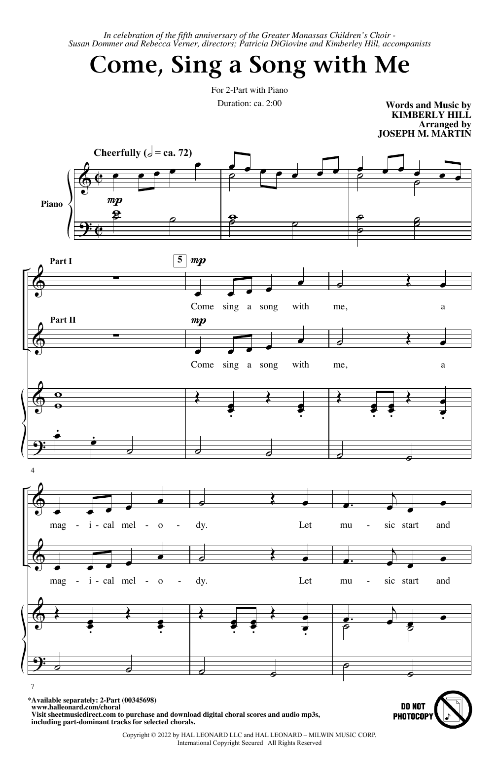 Come, Sing A Song With Me (arr. Joseph M. Martin) (2-Part Choir) von Kimberly Hill