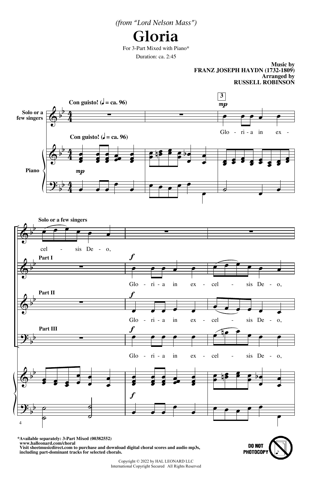 Gloria (from Lord Nelson Mass) (arr. Russell Robinson) (3-Part Mixed Choir) von Franz Joseph Haydn