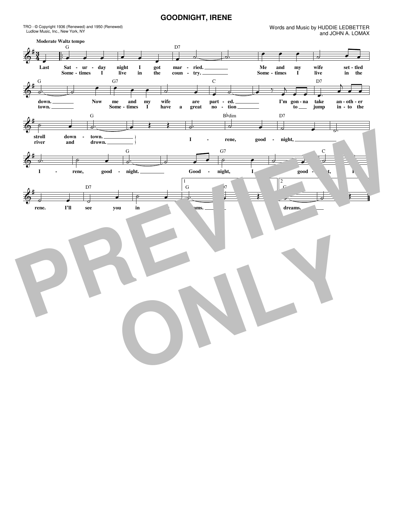 Goodnight, Irene (Lead Sheet / Fake Book) von Lead Belly