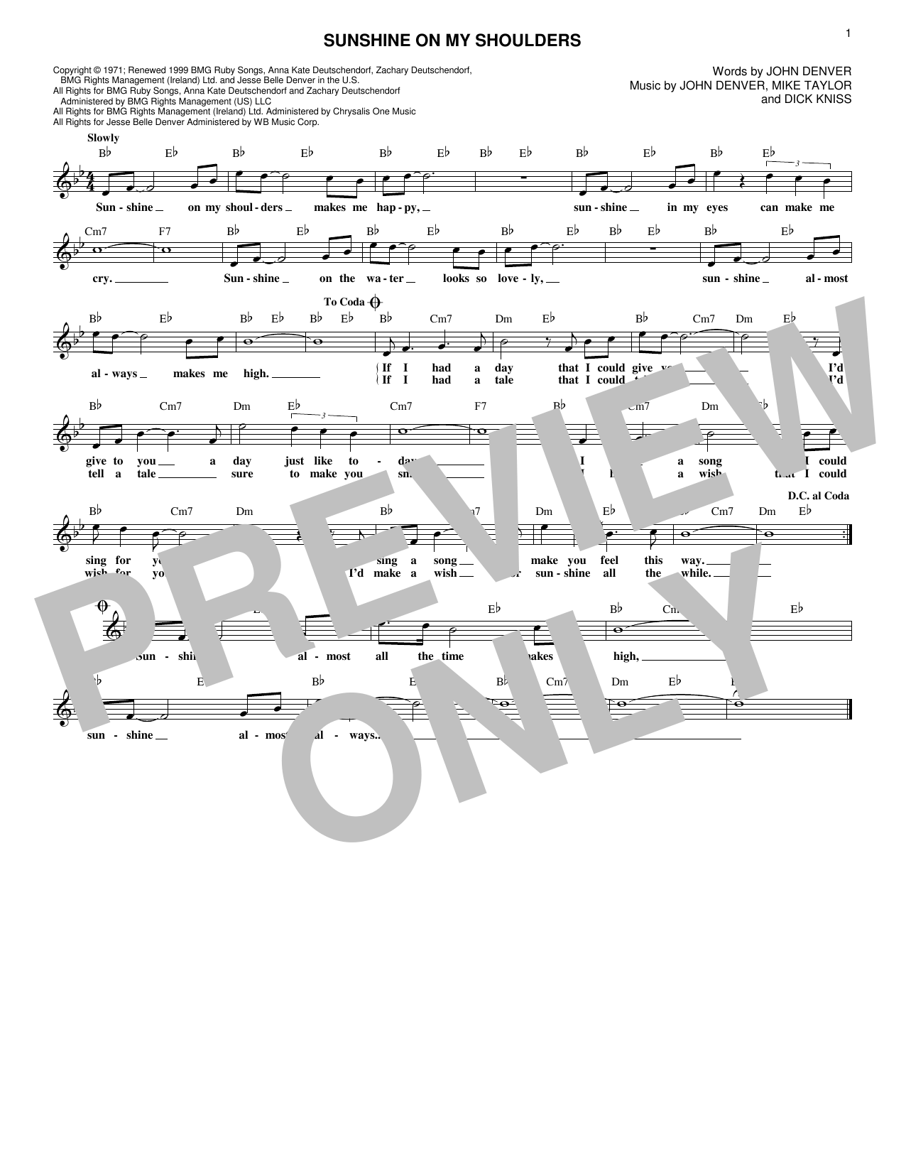 Sunshine On My Shoulders (Lead Sheet / Fake Book) von John Denver