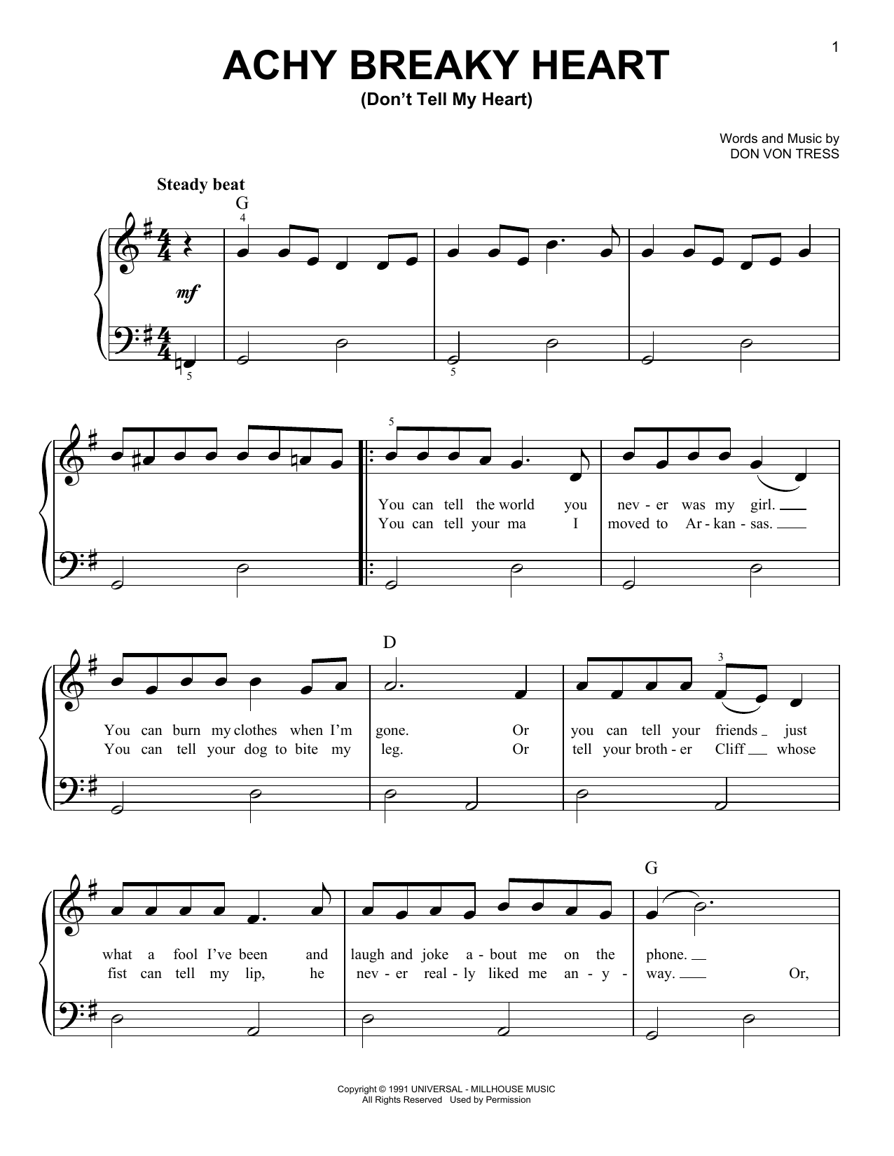 Achy Breaky Heart (Don't Tell My Heart) (Very Easy Piano) von Billy Ray Cyrus