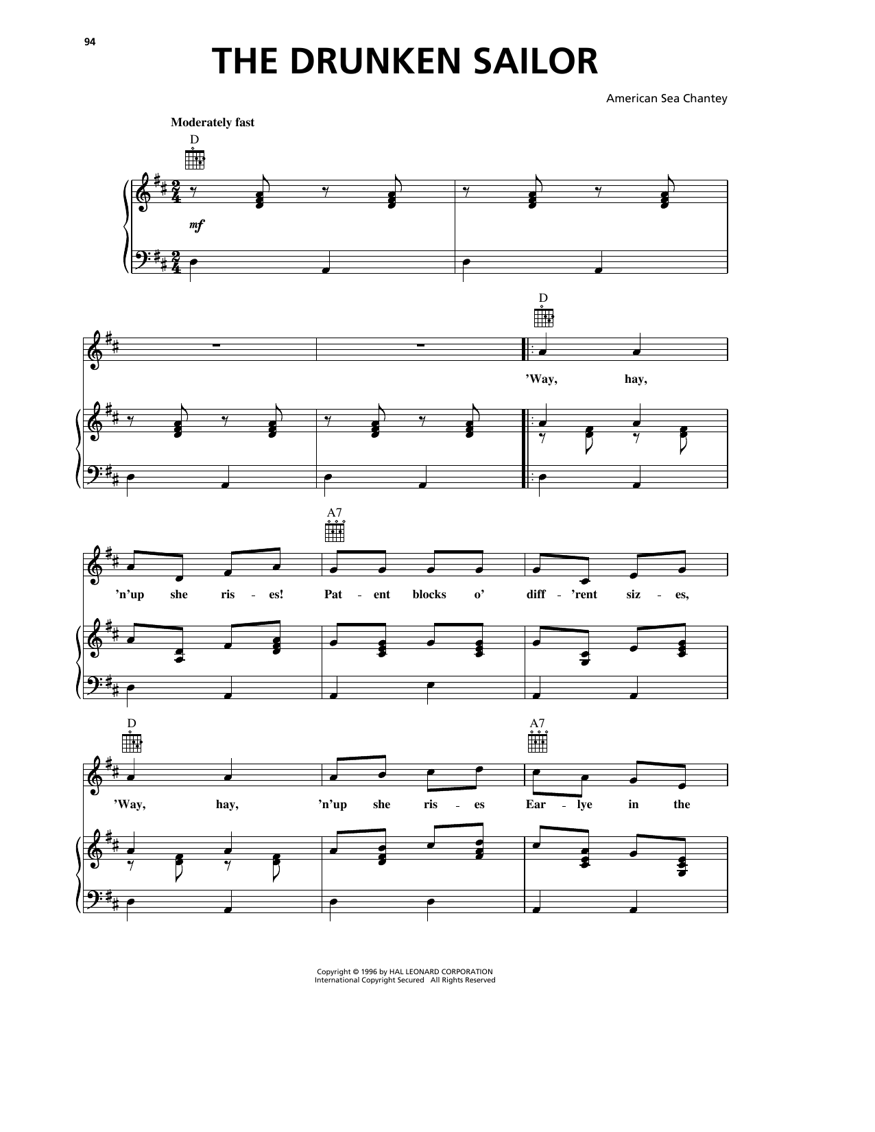 The Drunken Sailor (Piano, Vocal & Guitar Chords (Right-Hand Melody)) von American Sea Chantey