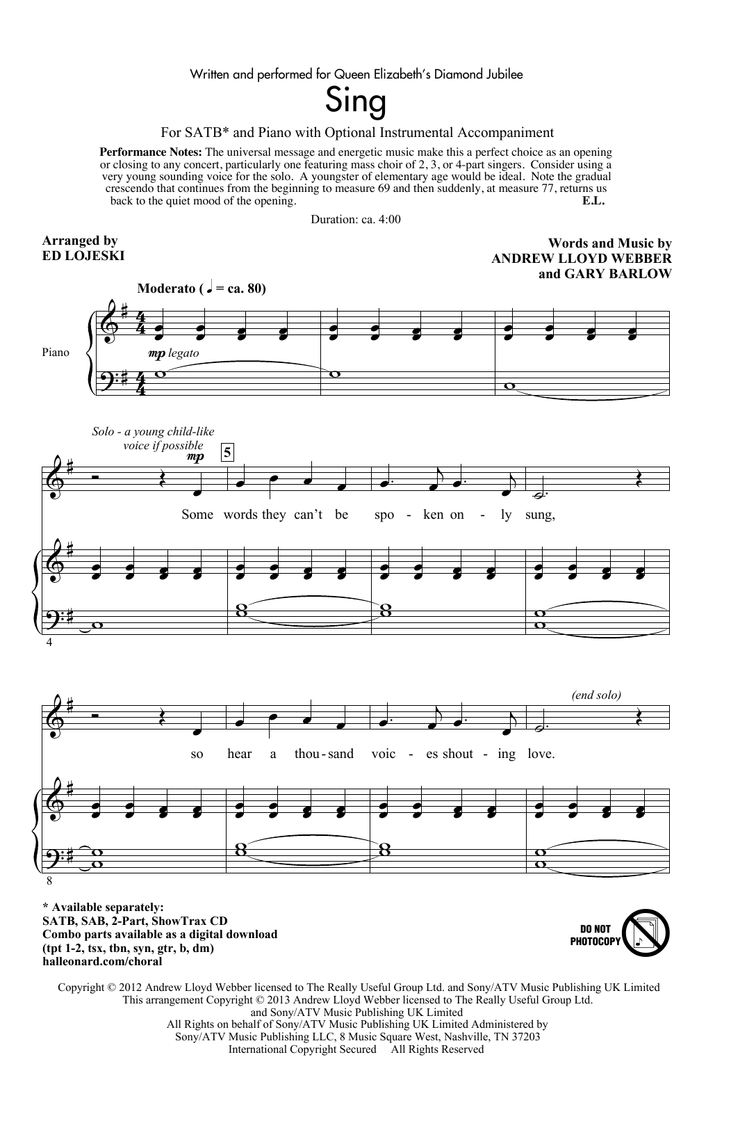 Sing (arr. Ed Lojeski) (SATB Choir) von Andrew Lloyd Webber & Gary Barlow