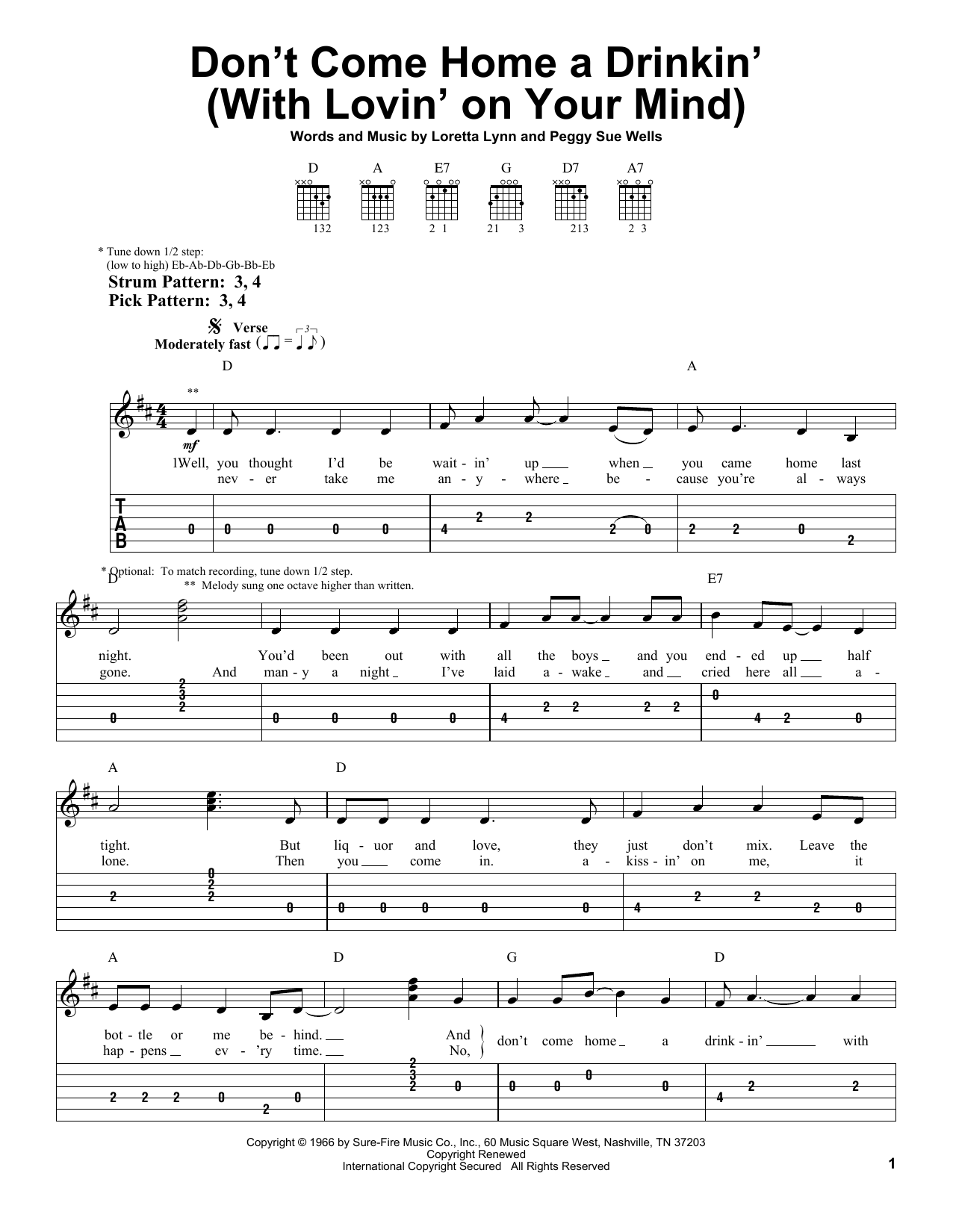 Don't Come Home A Drinkin' (With Lovin' On Your Mind) (Easy Guitar Tab) von Loretta Lynn