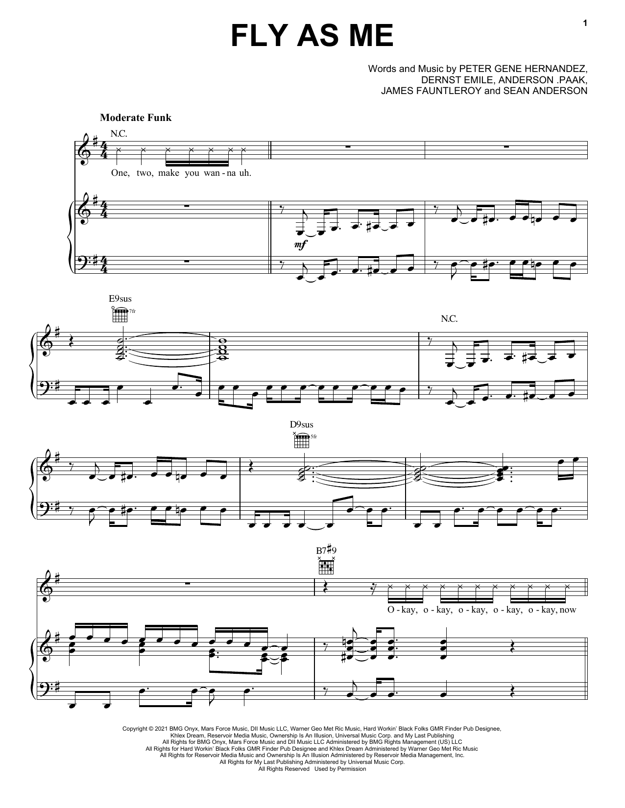 Fly As Me (Piano, Vocal & Guitar Chords (Right-Hand Melody)) von Silk Sonic