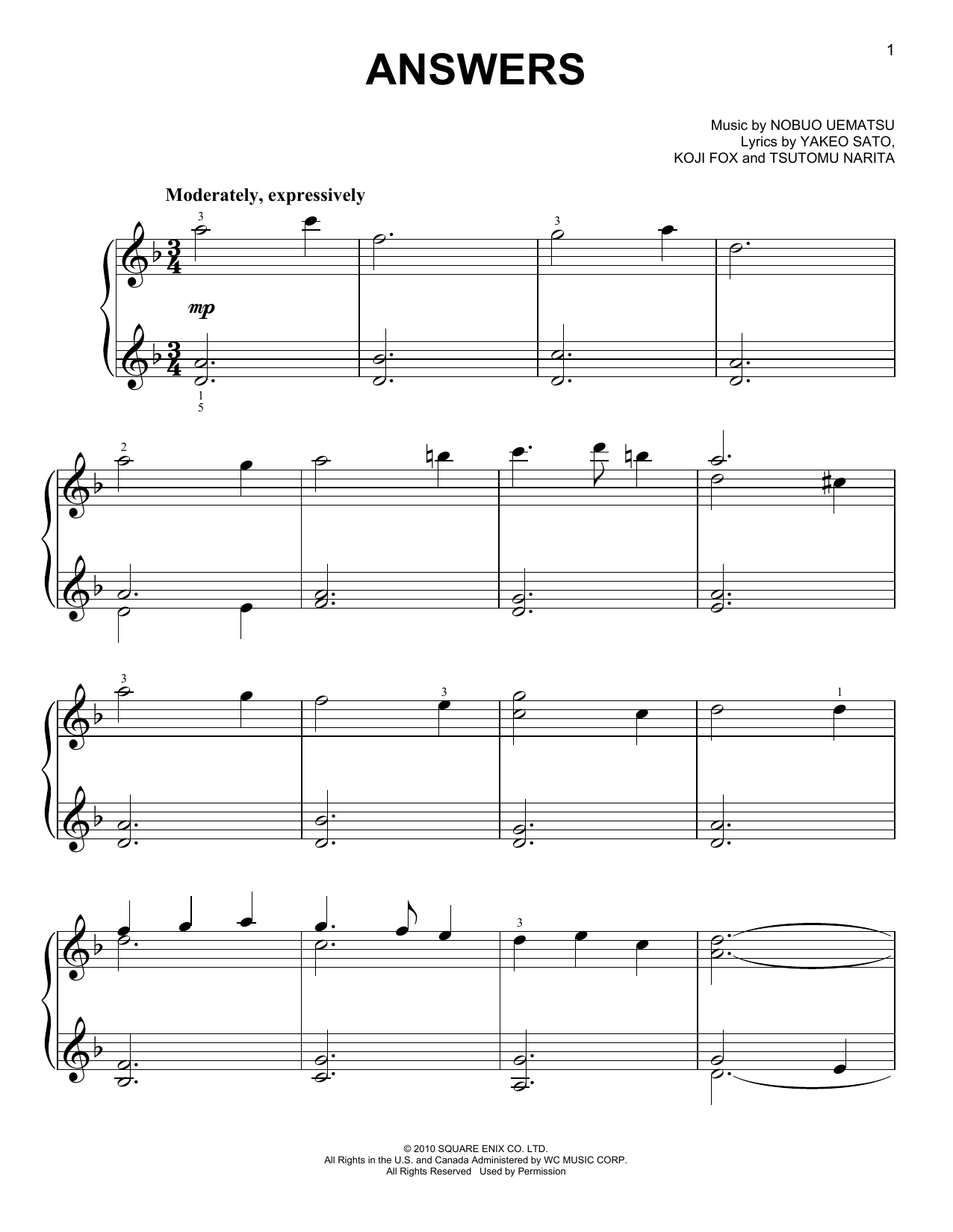 Answers (from Final Fantasy XIV) (Easy Piano) von Nobuo Uematsu