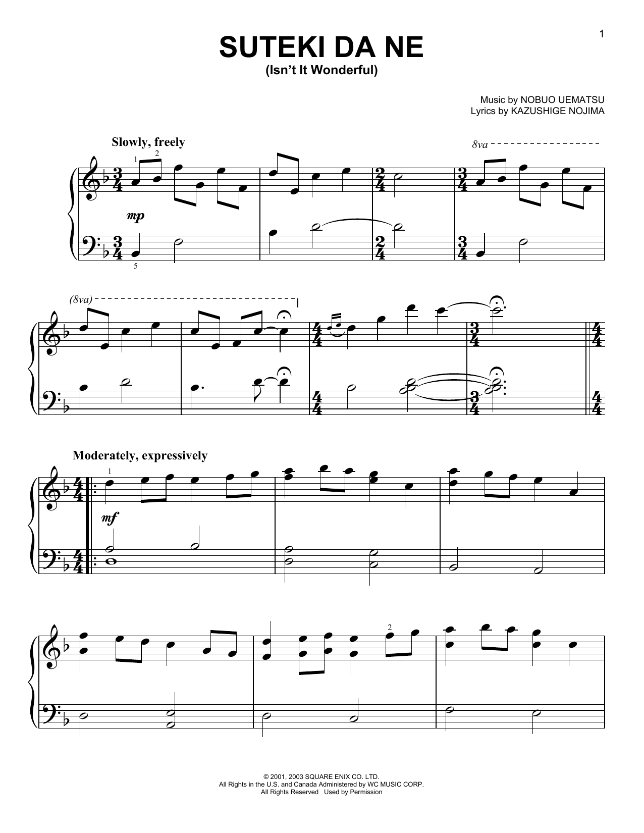 Suteki Da Ne (Isn't It Wonderful) (from Final Fantasy X) (Easy Piano) von Nobuo Uematsu