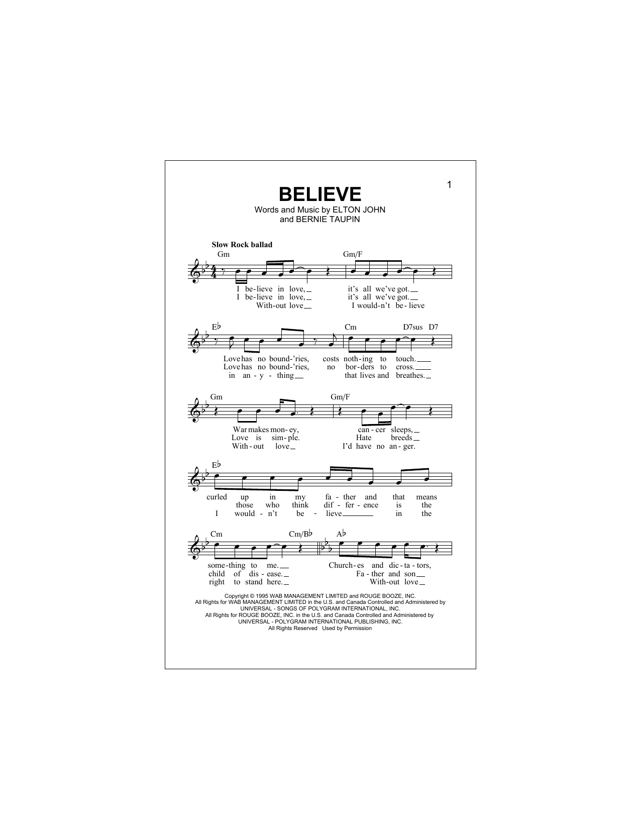 Believe (Lead Sheet / Fake Book) von Elton John