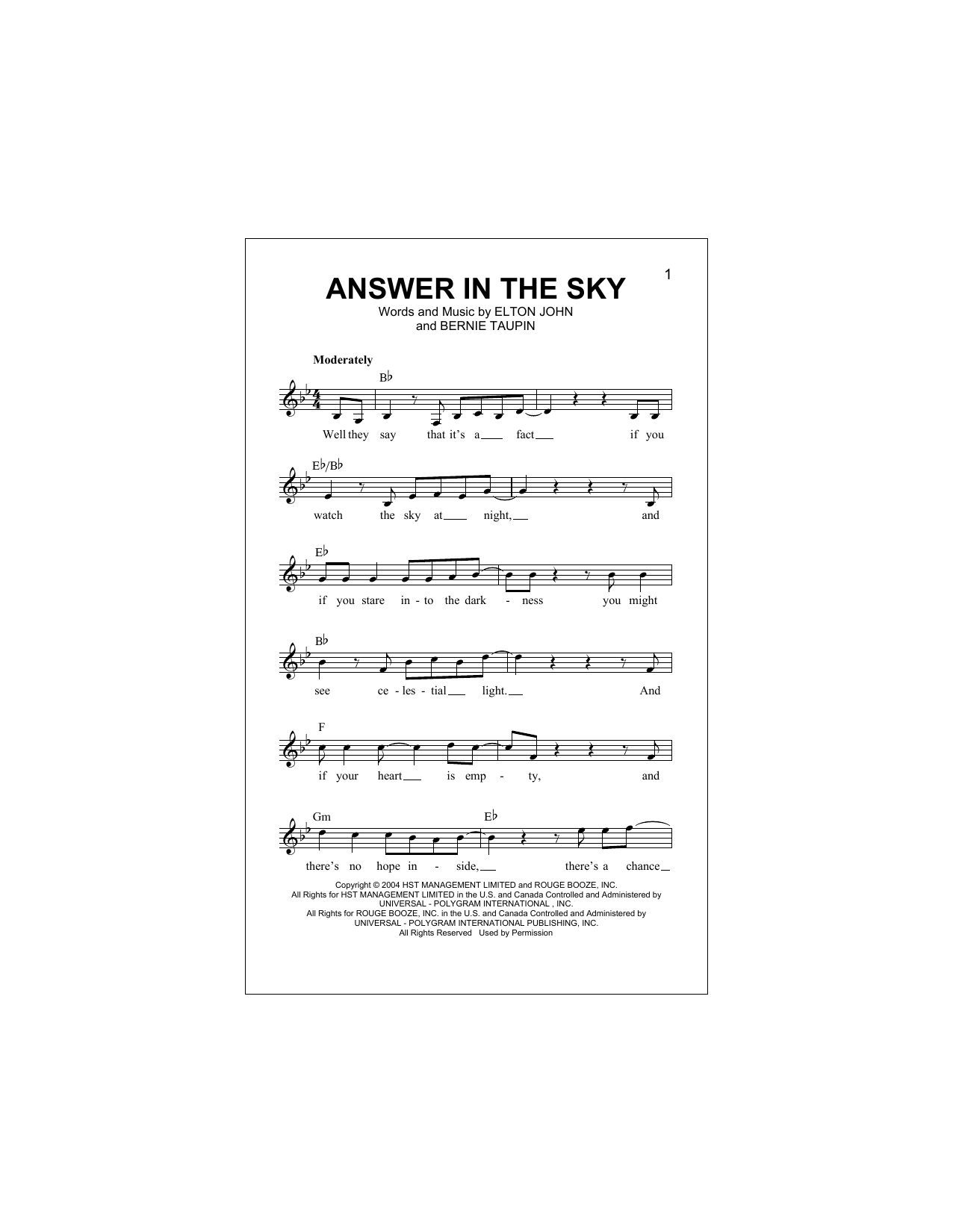 Answer In The Sky (Lead Sheet / Fake Book) von Elton John