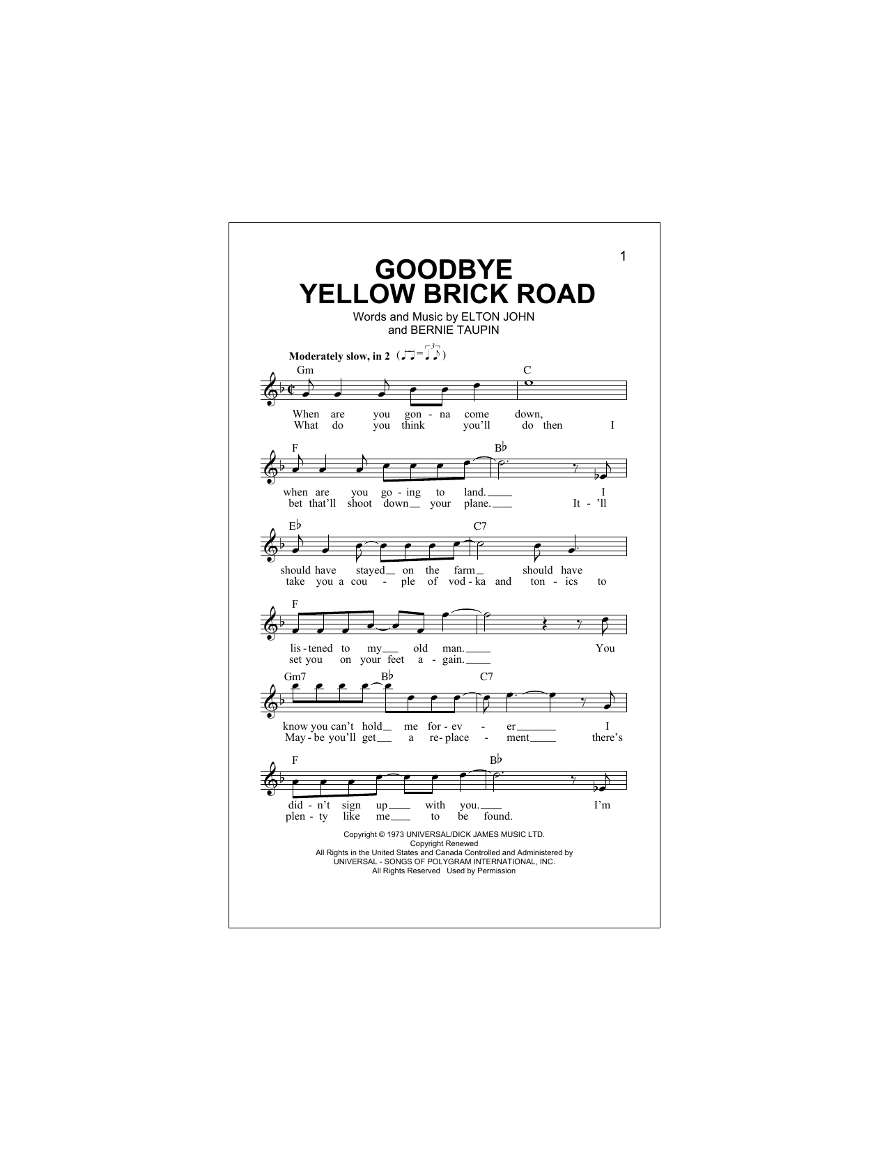 Goodbye Yellow Brick Road (Lead Sheet / Fake Book) von Elton John