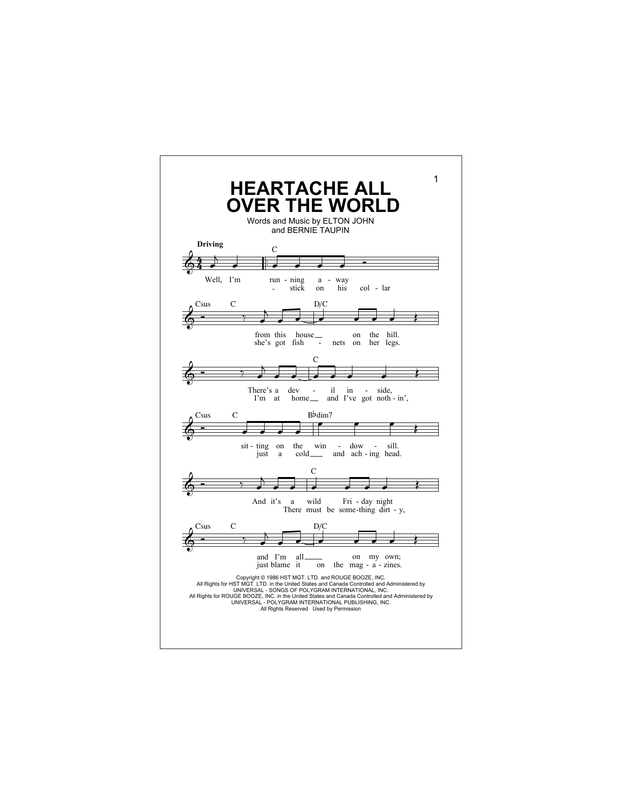 Heartache All Over The World (Lead Sheet / Fake Book) von Elton John