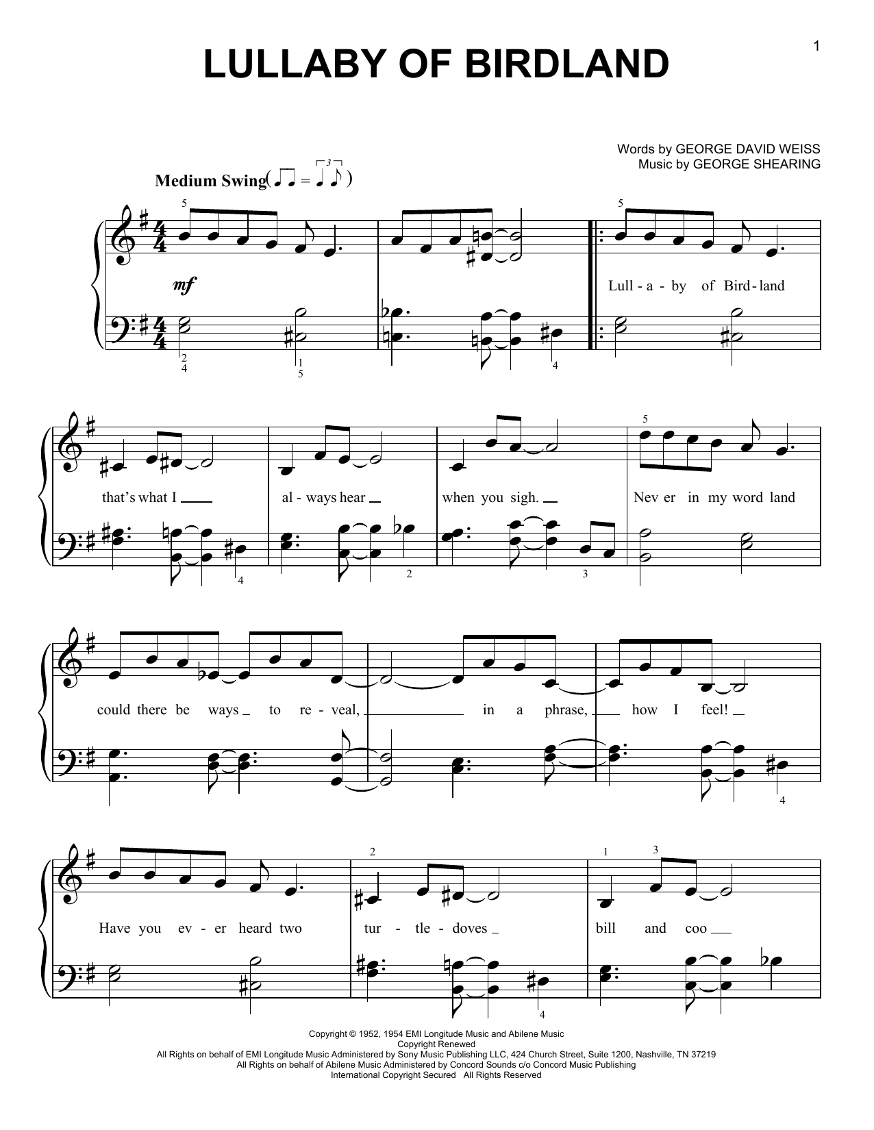 Lullaby Of Birdland (Very Easy Piano) von George Shearing