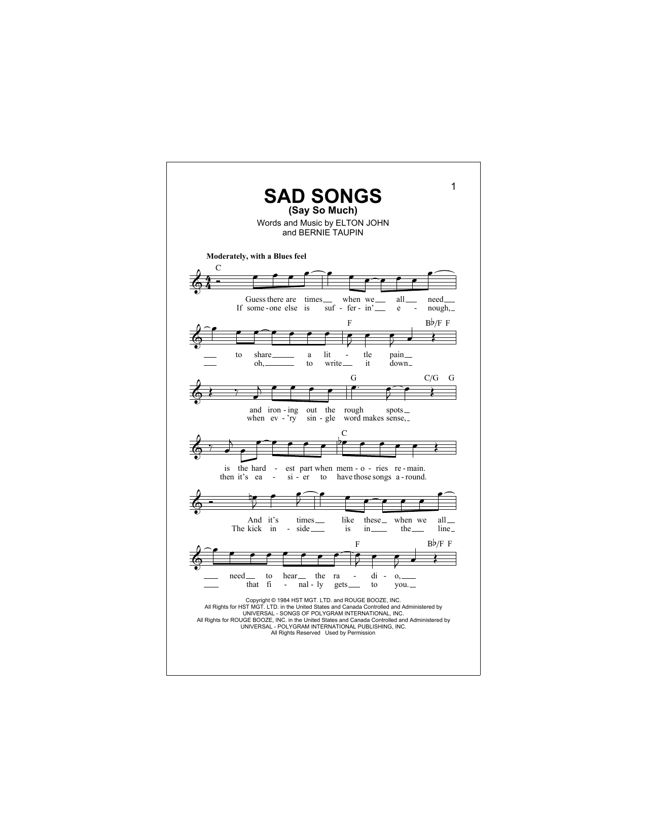 Sad Songs (Say So Much) (Lead Sheet / Fake Book) von Elton John