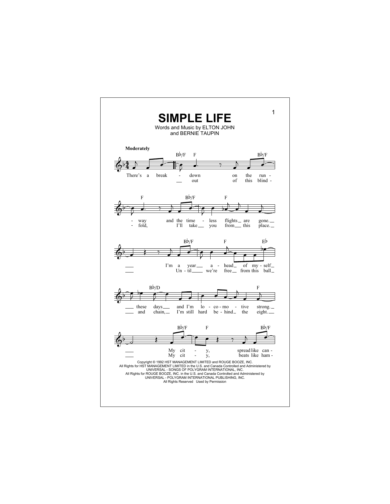 Simple Life (Lead Sheet / Fake Book) von Elton John