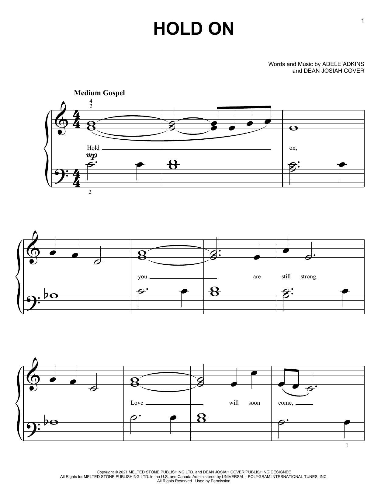 Hold On (Big Note Piano) von Adele