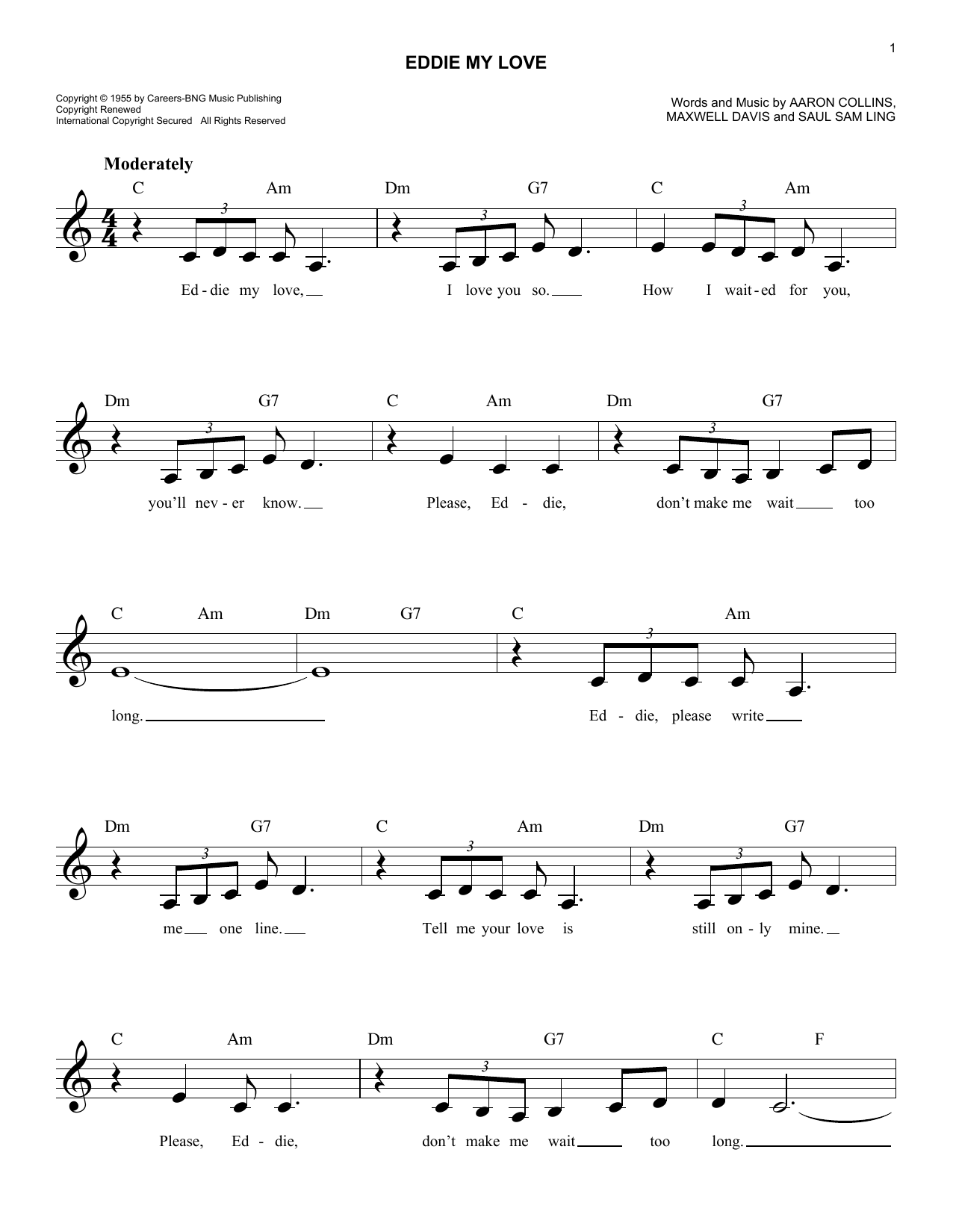 Eddie My Love (Lead Sheet / Fake Book) von The Chordettes