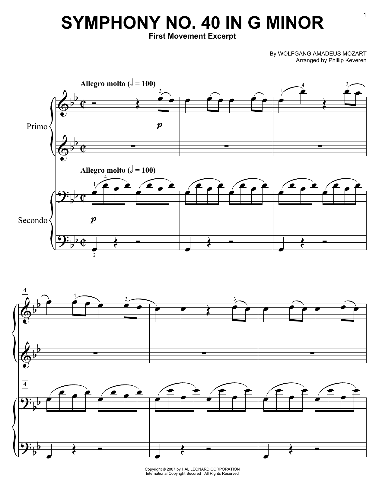 Symphony No. 40 In G Minor, First Movement Excerpt (arr. Phillip Keveren) (Easy Piano Duet) von Wolfgang Amadeus Mozart