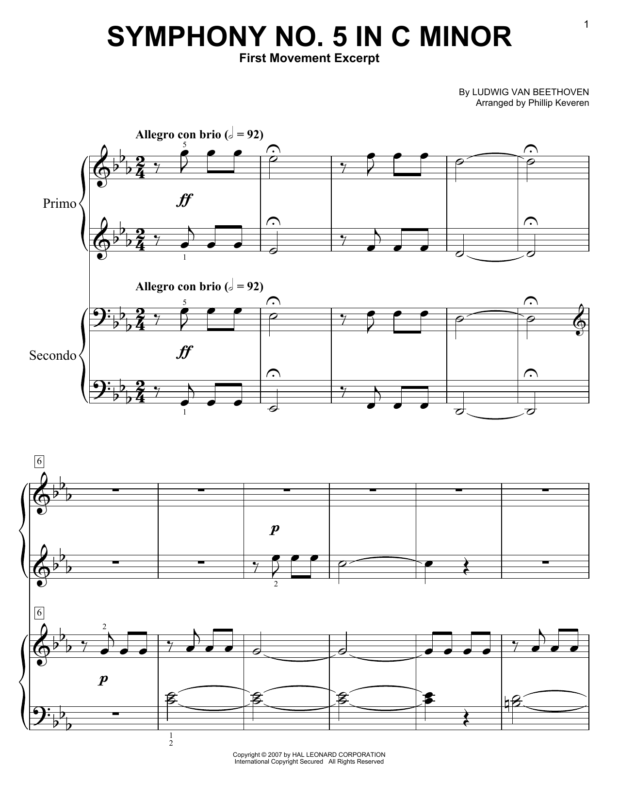 Symphony No. 5 In C Minor, First Movement Excerpt (arr. Phillip Keveren) (Easy Piano Duet) von Ludwig van Beethoven