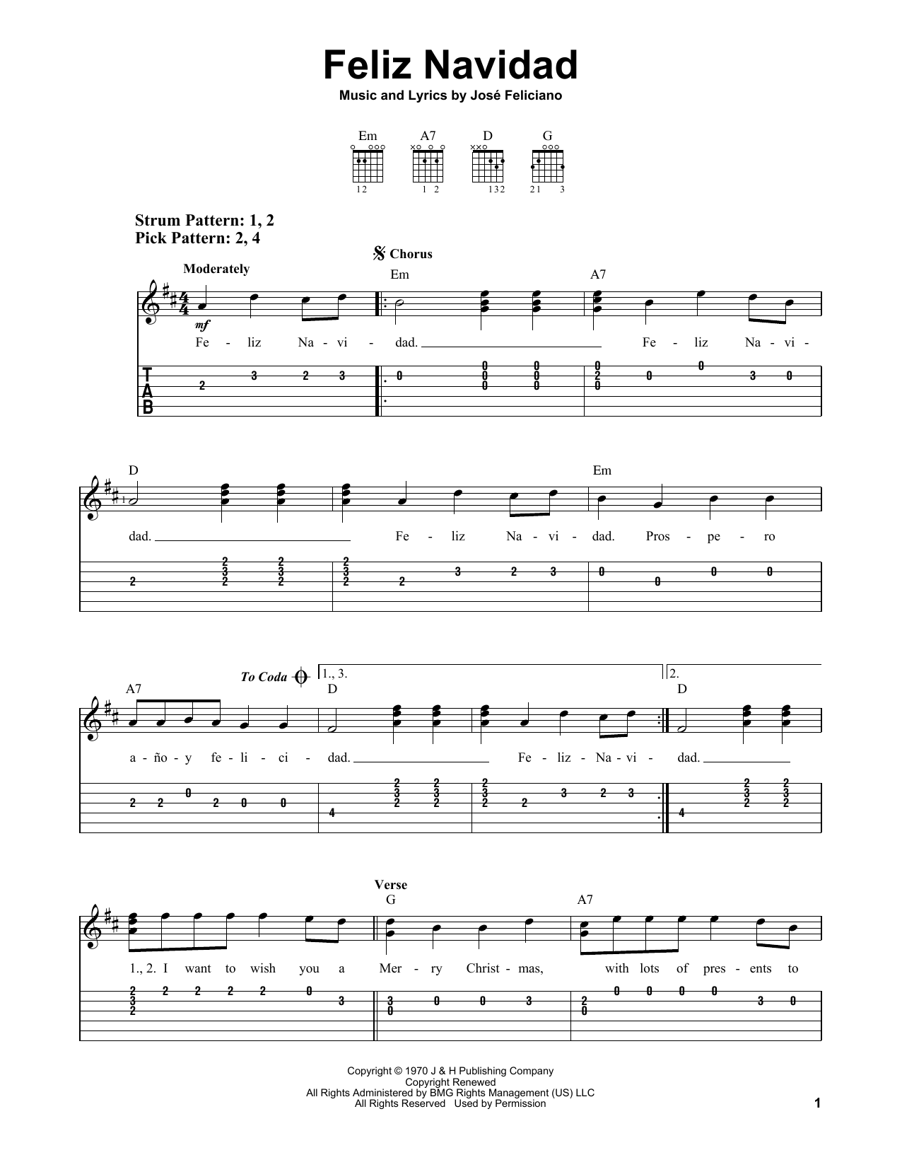 Feliz Navidad (Easy Guitar Tab) von Jose Feliciano