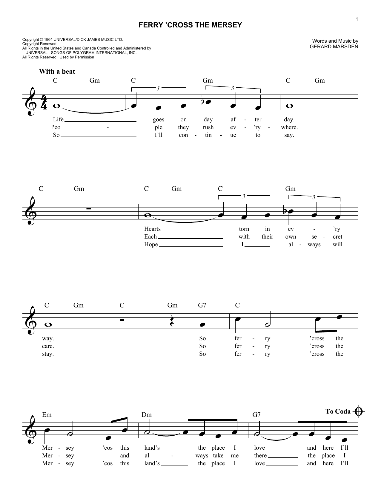 Ferry 'Cross The Mersey (Lead Sheet / Fake Book) von Gerry & The Pacemakers