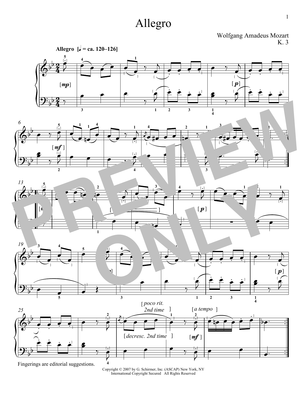 Allegro In B Flat Major, K. 3 (Piano Solo) von Wolfgang Amadeus Mozart