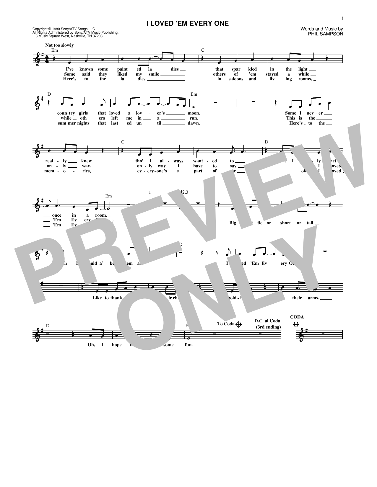 I Loved 'Em Every One (Lead Sheet / Fake Book) von T.G. Sheppard