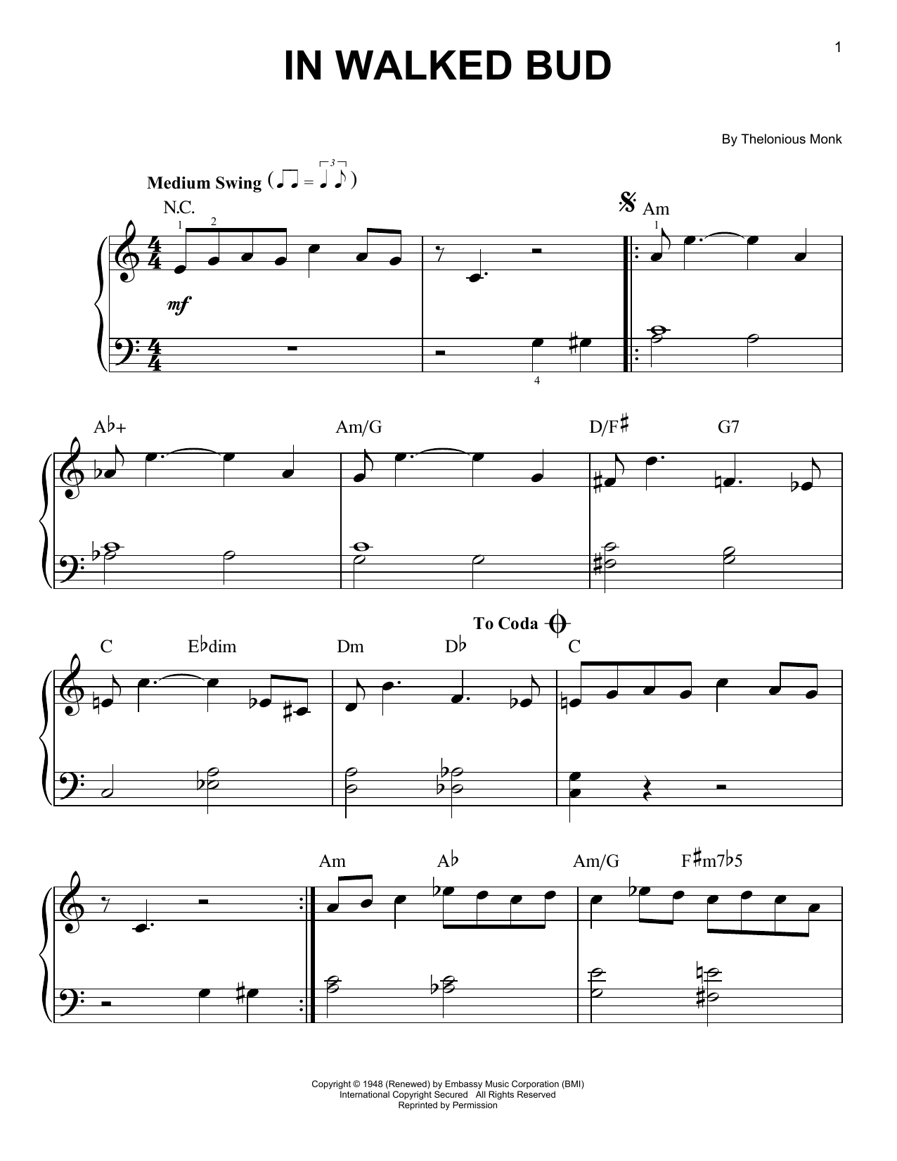 In Walked Bud (Very Easy Piano) von Thelonious Monk