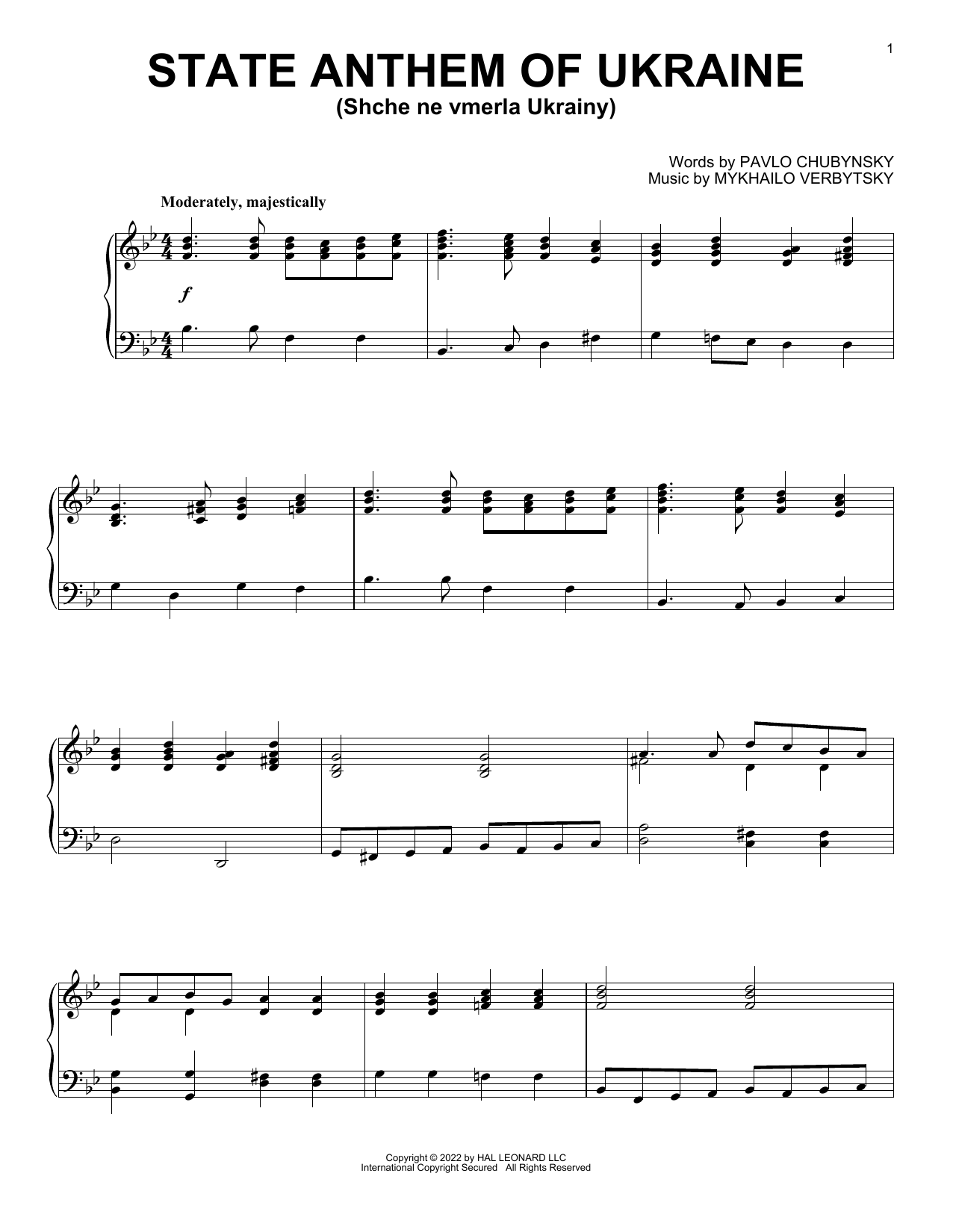 State Anthem Of Ukraine (Shche ne vmerla Ukrainy) (Piano Solo) von Mykhailo Verbytsky and Pavlo Chubynsky