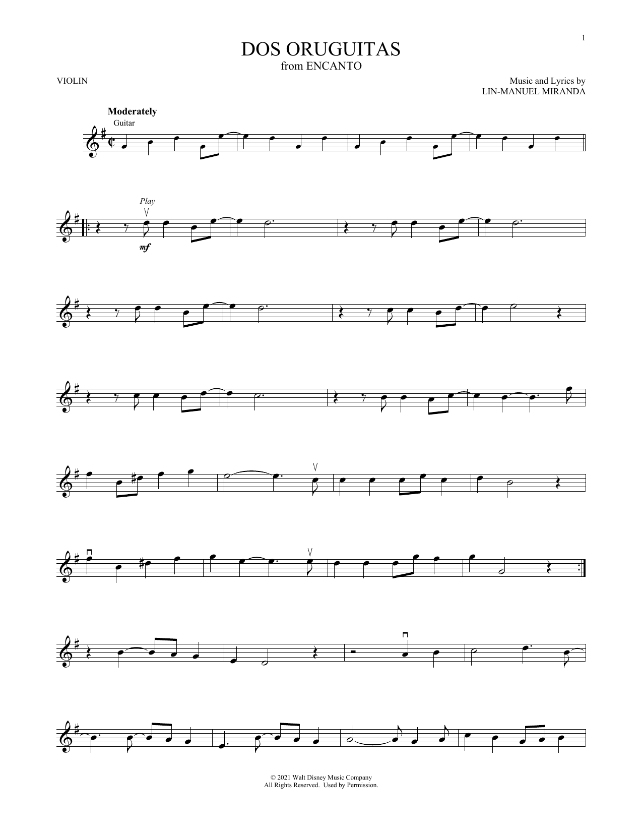 Dos Oruguitas (from Encanto) (Violin Solo) von Lin-Manuel Miranda