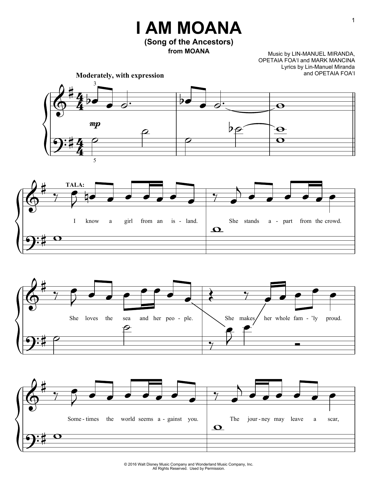 I Am Moana (Song Of The Ancestors) (from Moana) (Big Note Piano) von Lin-Manuel Miranda