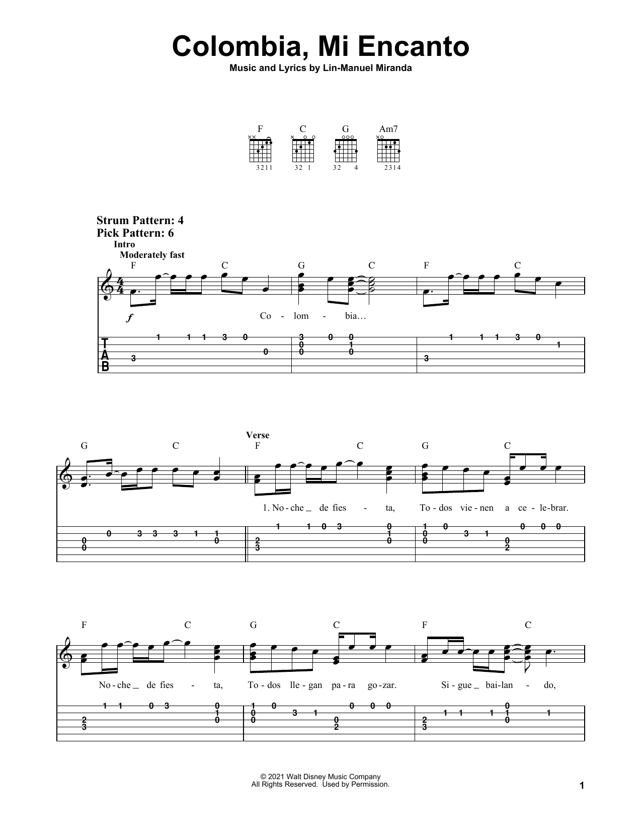 Colombia, Mi Encanto (from Encanto) (Easy Guitar Tab) von Lin-Manuel Miranda