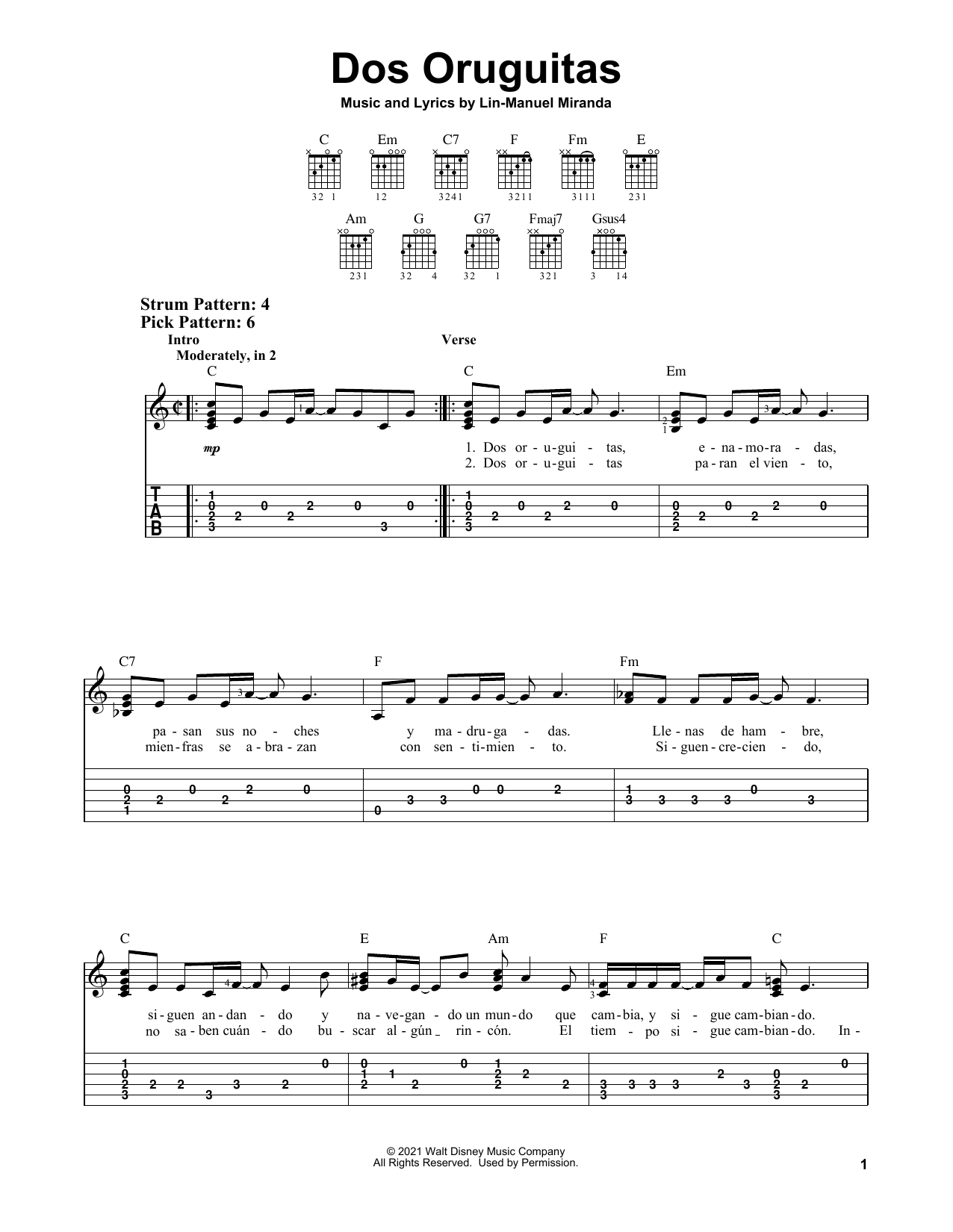 Dos Oruguitas (from Encanto) (Easy Guitar Tab) von Lin-Manuel Miranda