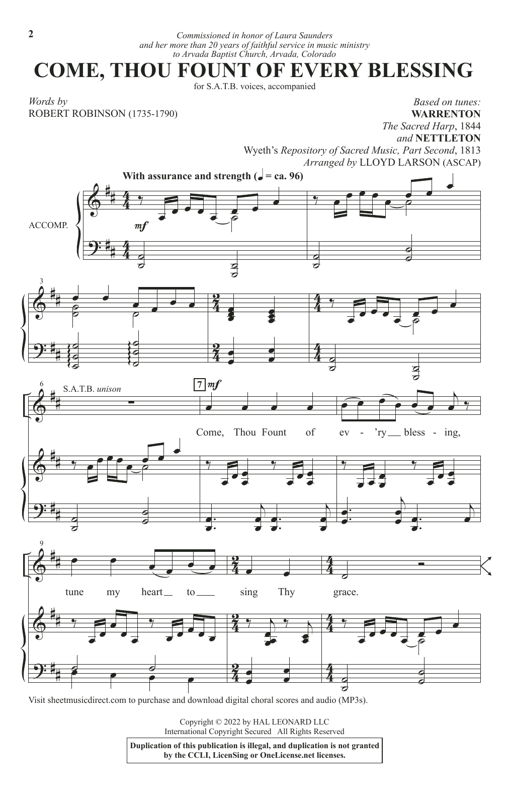 Come, Thou Fount Of Every Blessing (arr. Lloyd Larson) (SATB Choir) von Robert Robinson