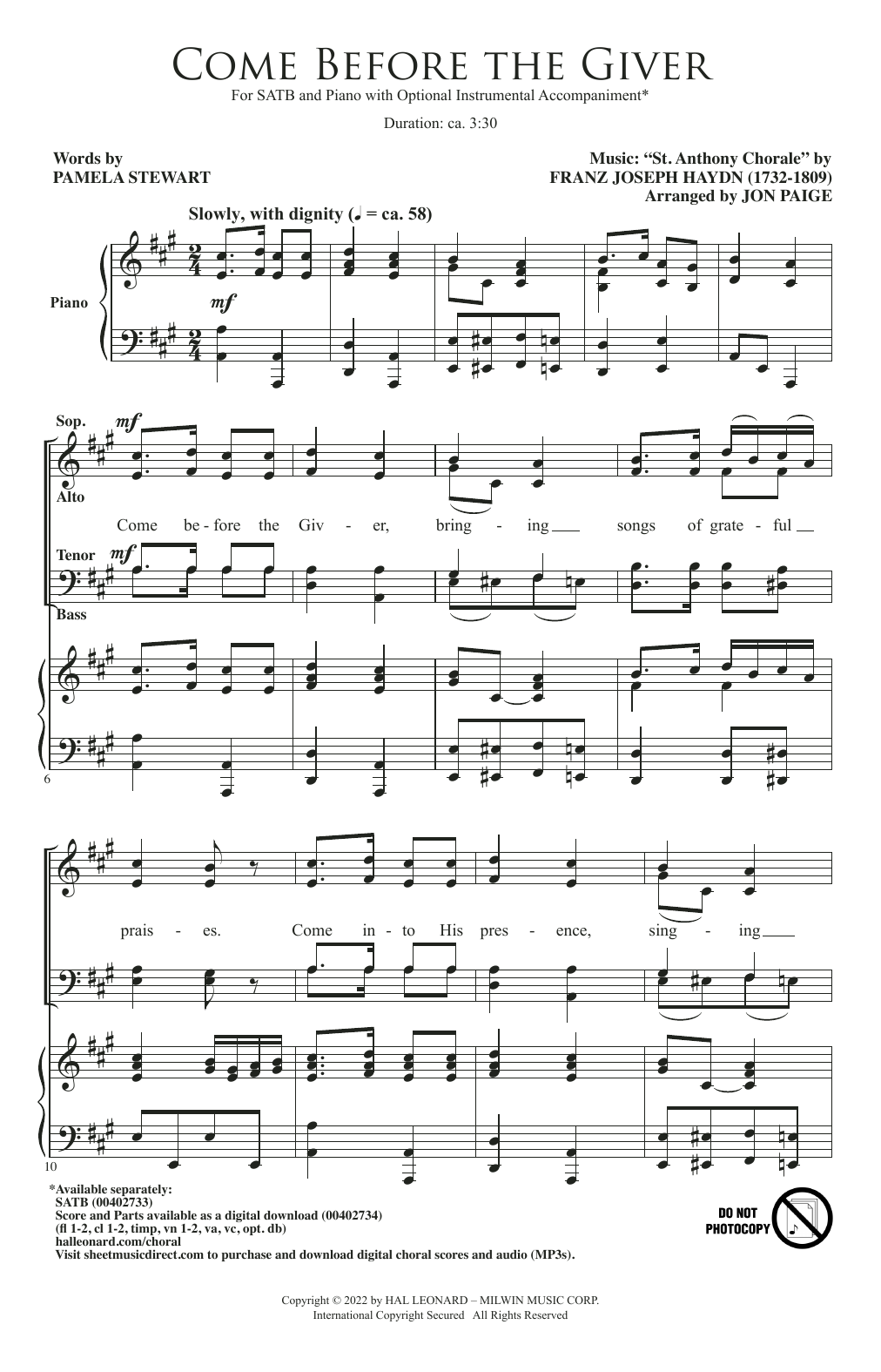 Come Before The Giver (arr. Jon Paige) (SATB Choir) von Pamela Stewart