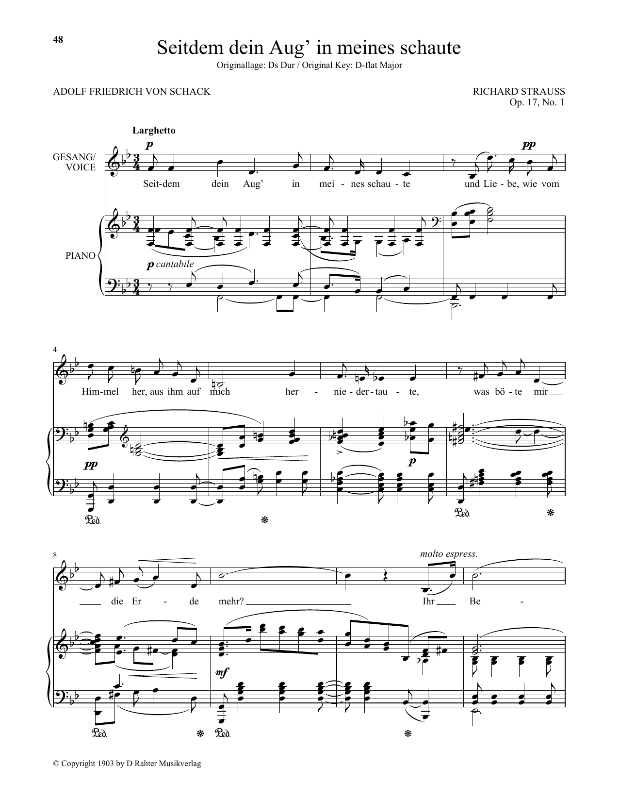 Seitdem Dein Aug' In Meines Schaute (Low Voice) (Piano & Vocal) von Richard Strauss