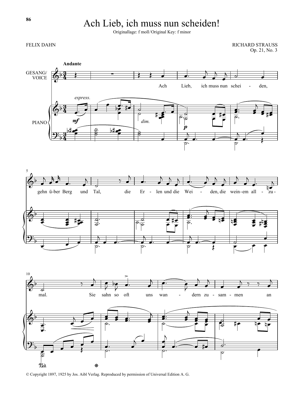 Ach Lieb, Ich Muss Nun Scheiden! (Low Voice) (Piano & Vocal) von Richard Strauss