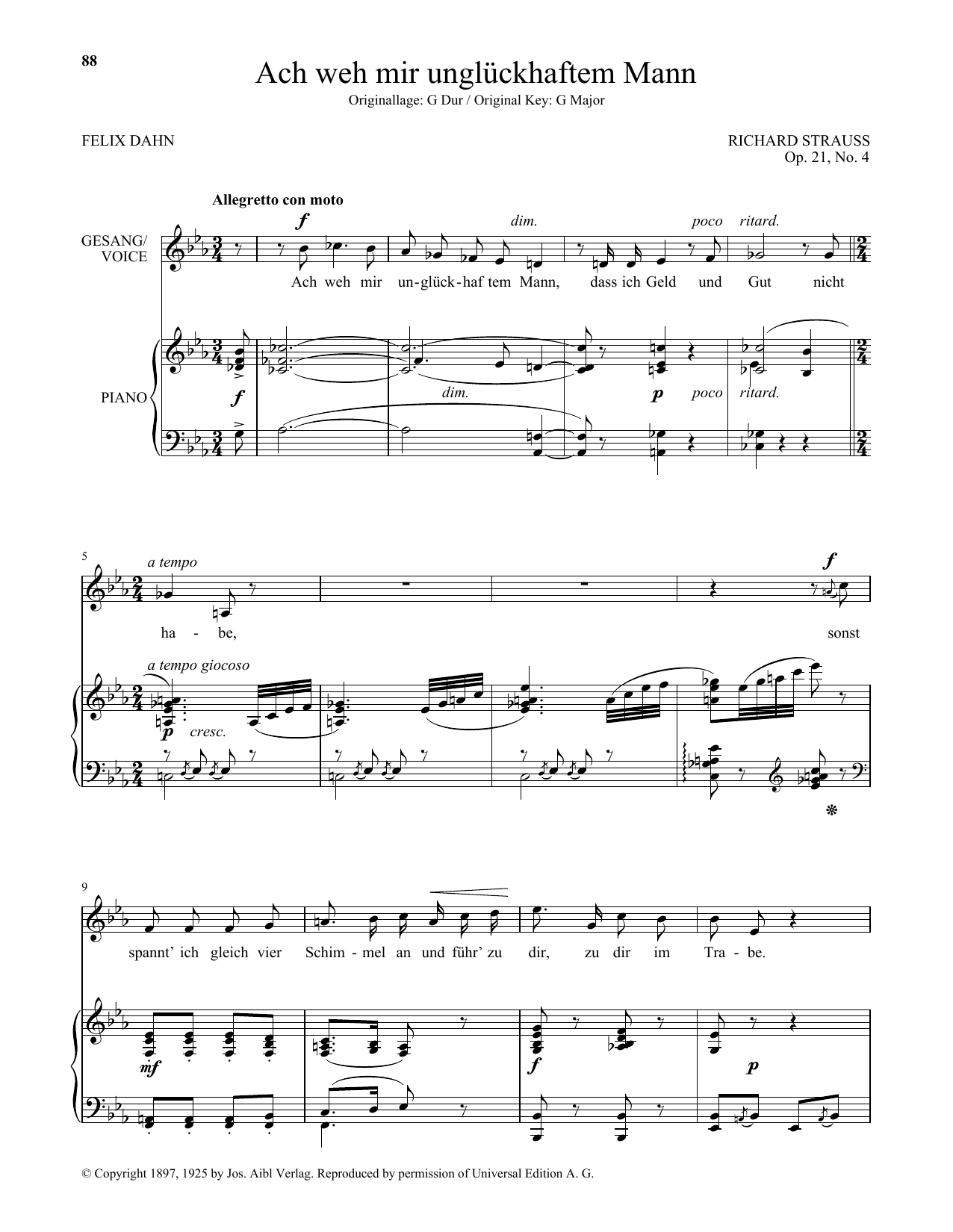Ach Weh Mir Ungluckhaftem Mann (Low Voice) (Piano & Vocal) von Richard Strauss