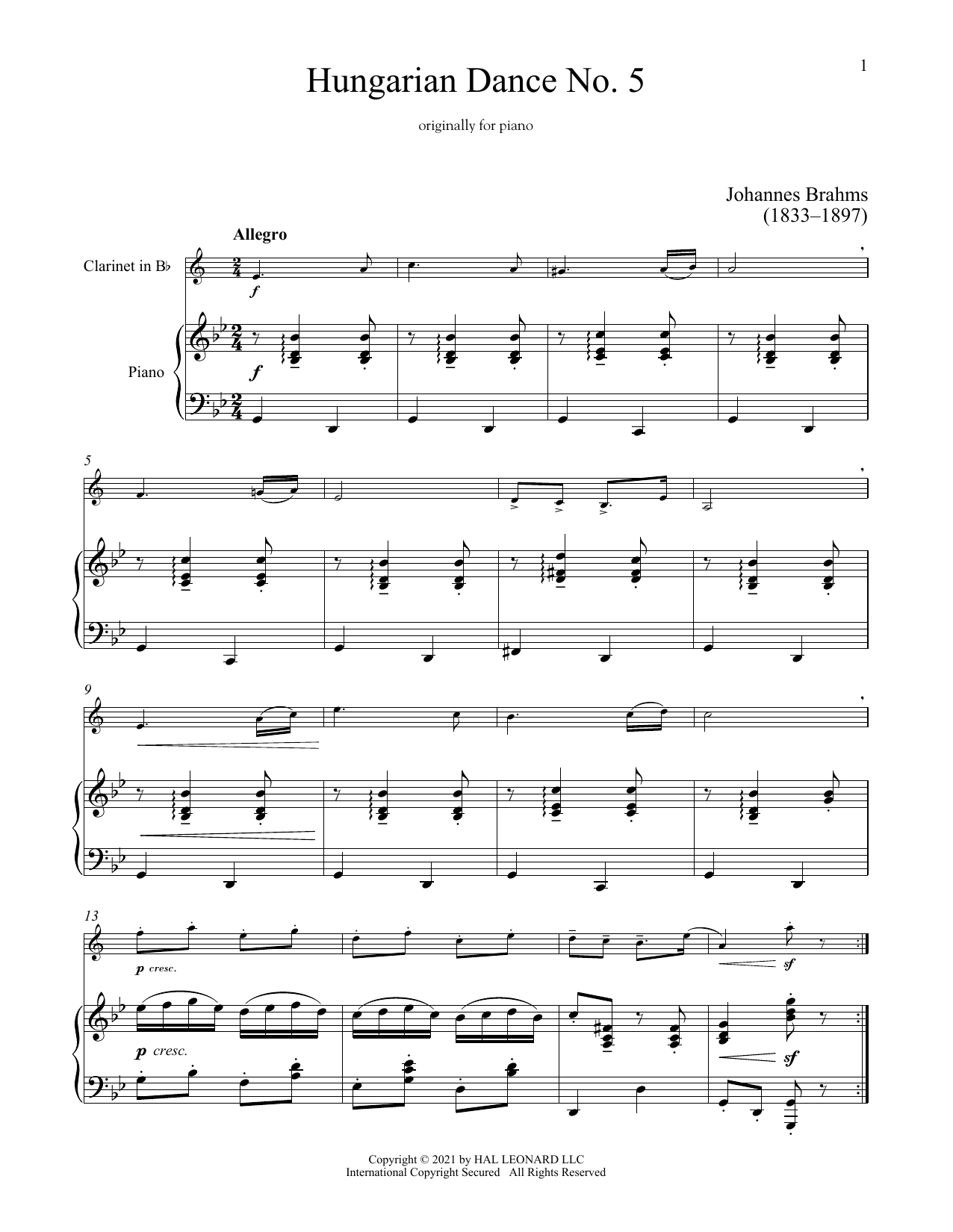 Hungarian Dance No. 5 (Clarinet and Piano) von Johannes Brahms