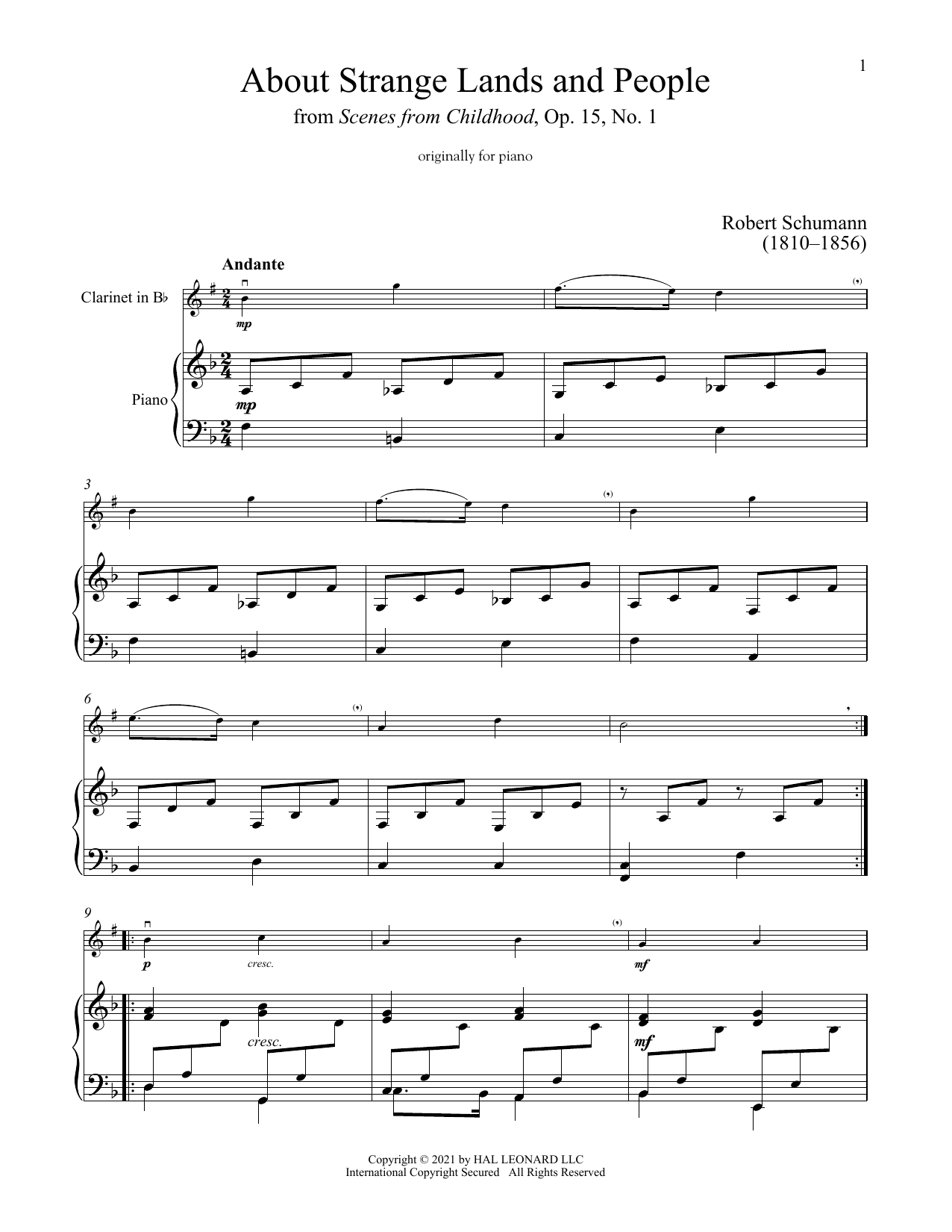 Of Strange Lands And People, Op. 15, No. 1 (Clarinet and Piano) von Robert Schumann