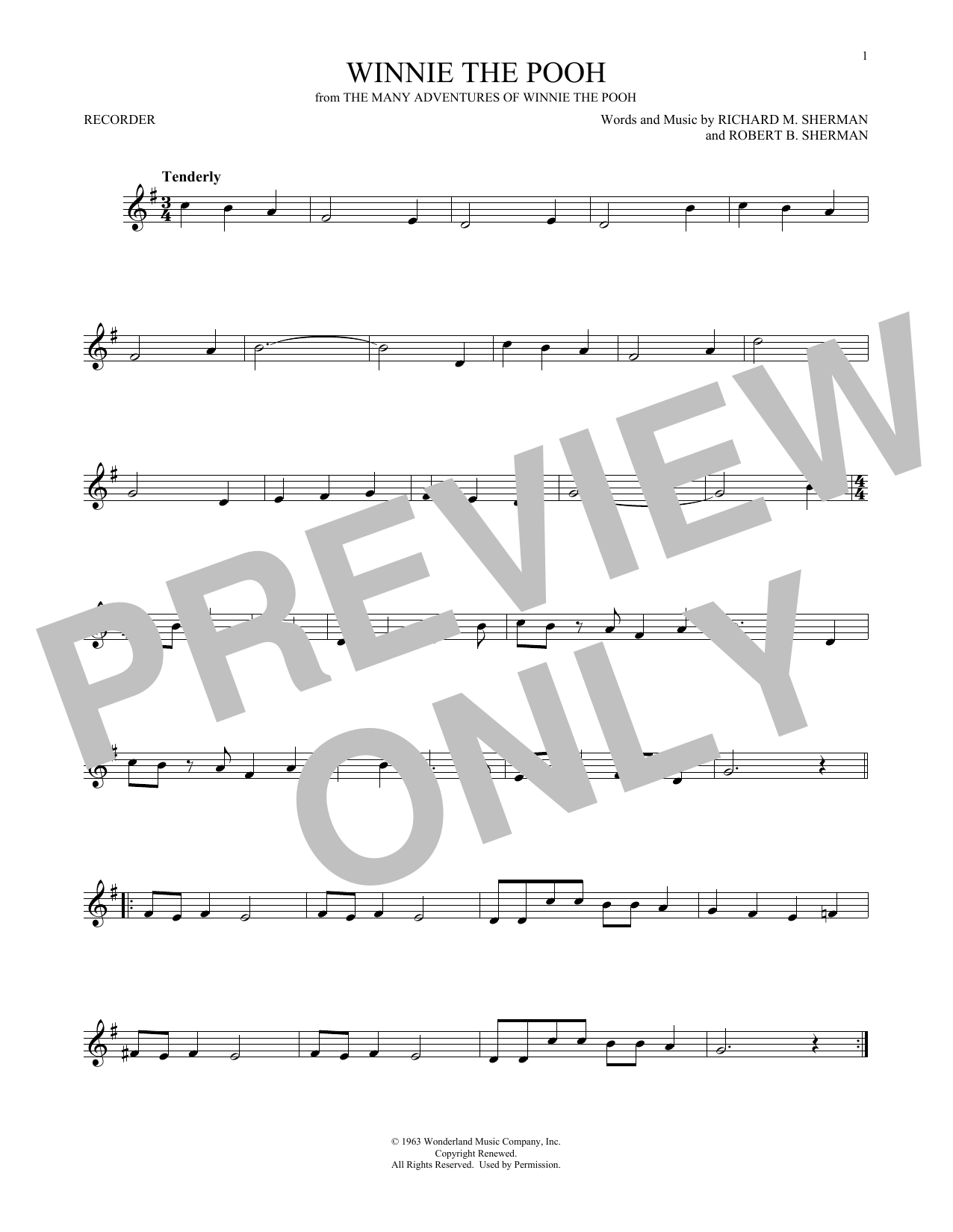 Winnie The Pooh (from The Many Adventures Of Winnie The Pooh) (Recorder Solo) von Sherman Brothers