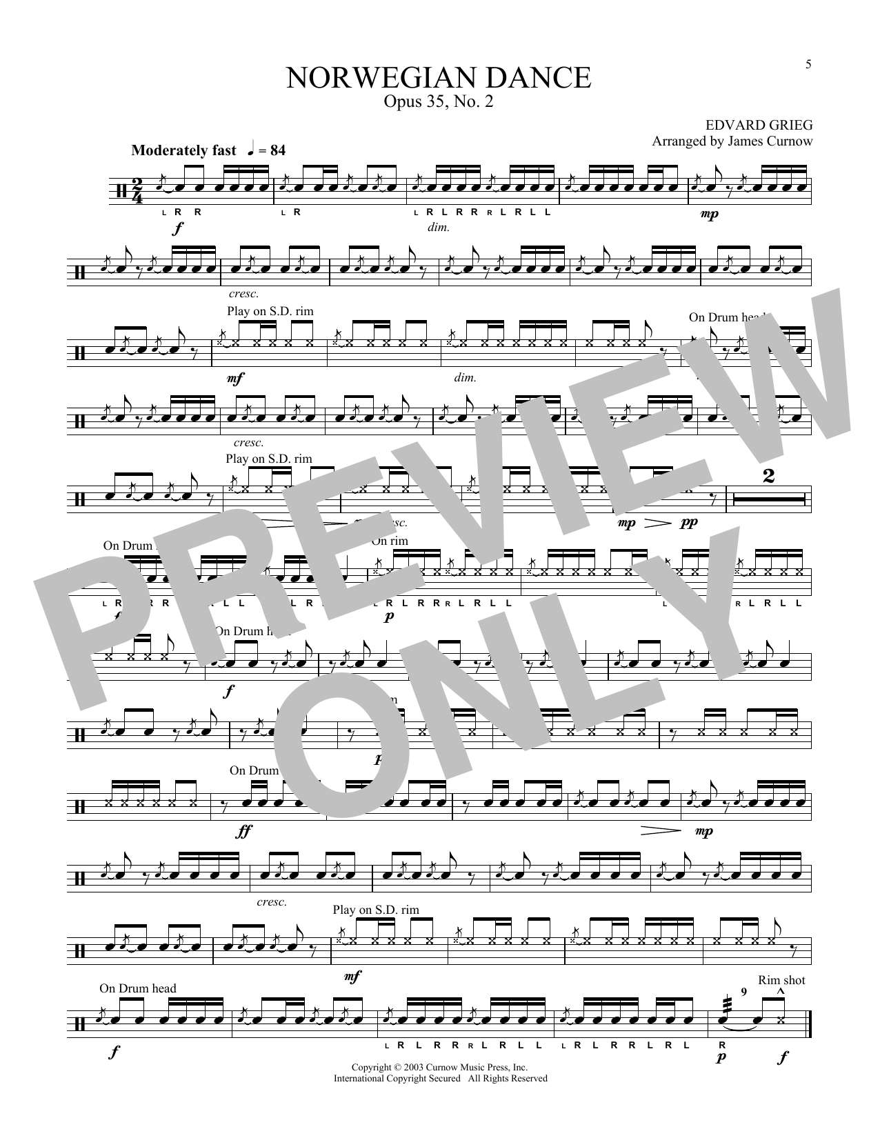 Norwegian Dance Op. 35, No. 2 (arr. James Curnow) (Snare Drum Solo) von Edvard Grieg