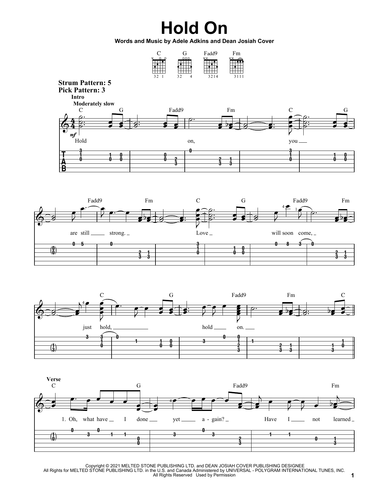 Hold On (Easy Guitar Tab) von Adele