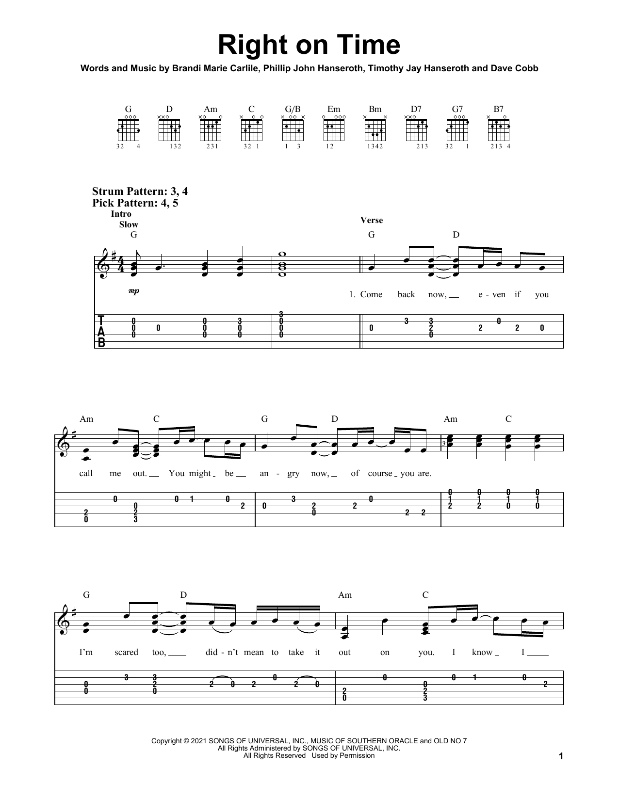 Right On Time (Easy Guitar Tab) von Brandi Carlile