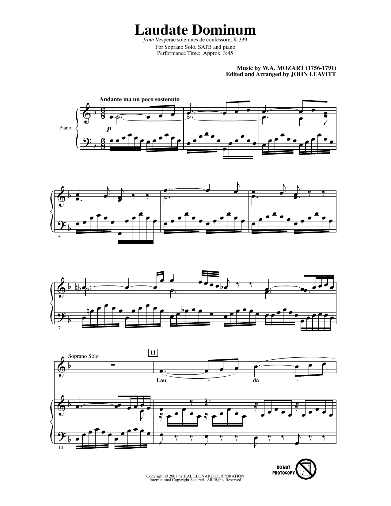 Laudate Dominum (from Vesperae solennes de confessore, K. 339) (arr. John Leavitt) (SATB Choir) von Wolfgang Amadeus Mozart