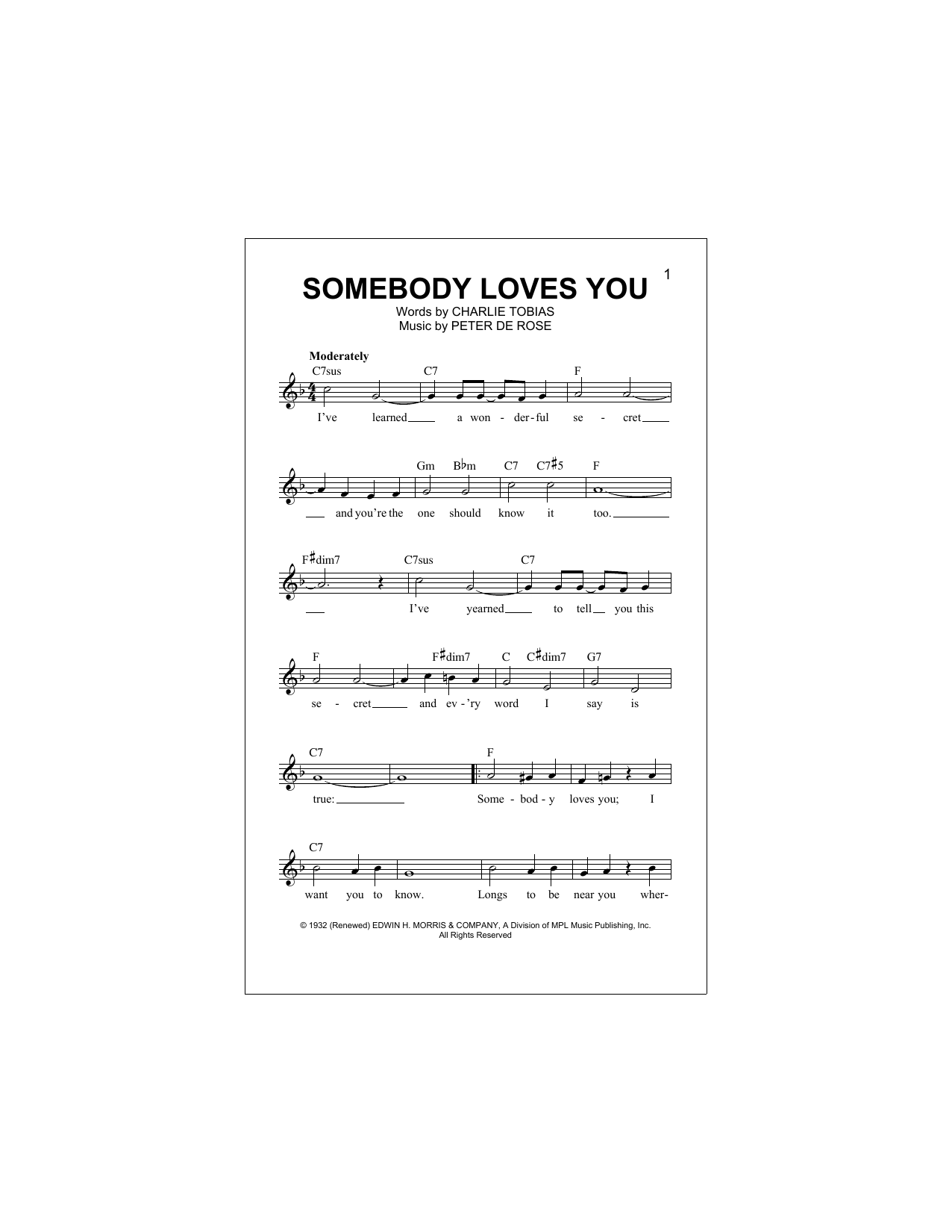 Somebody Loves You (Lead Sheet / Fake Book) von Peter De Rose