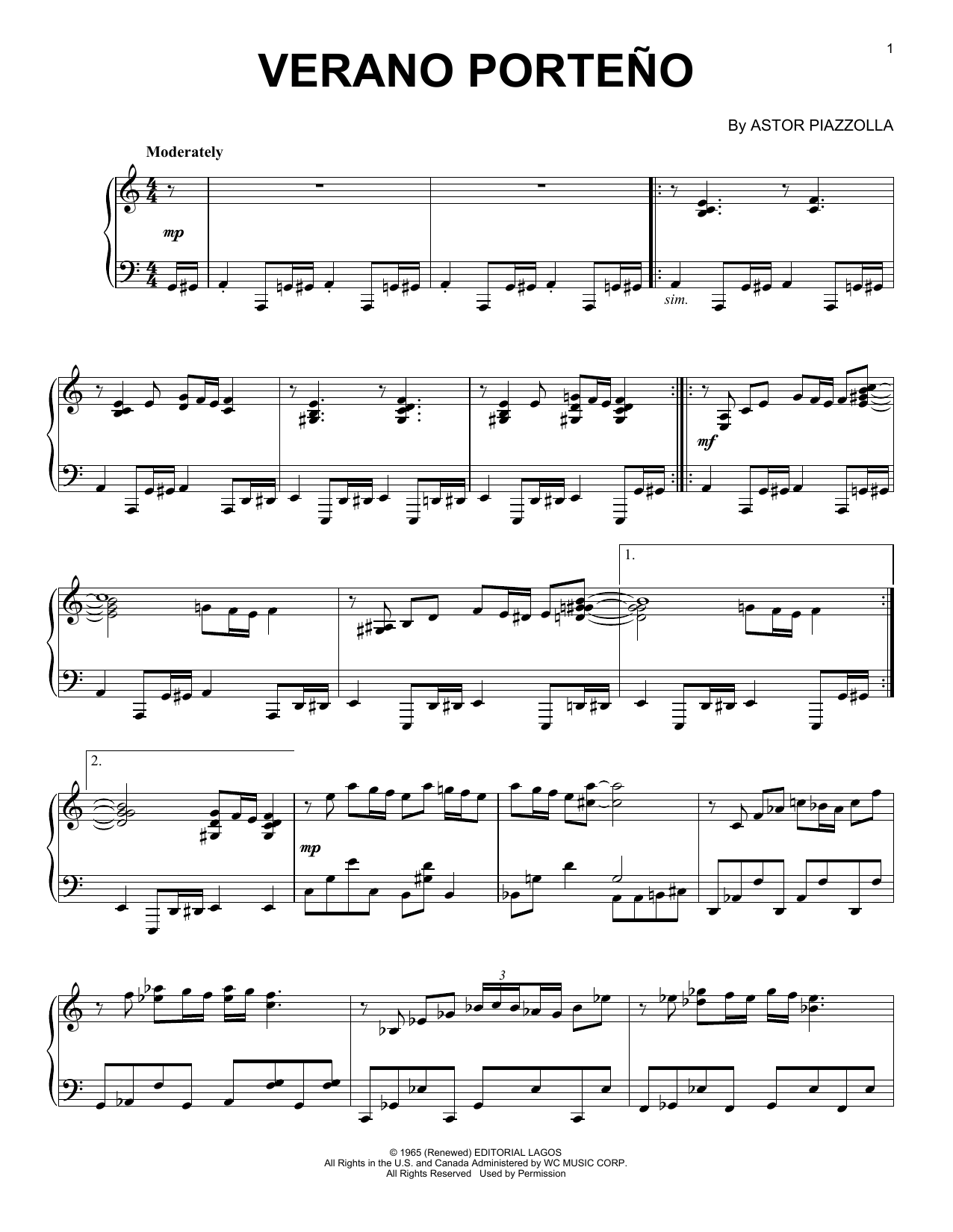 Verano Porteno (Piano Solo) von Astor Piazzolla