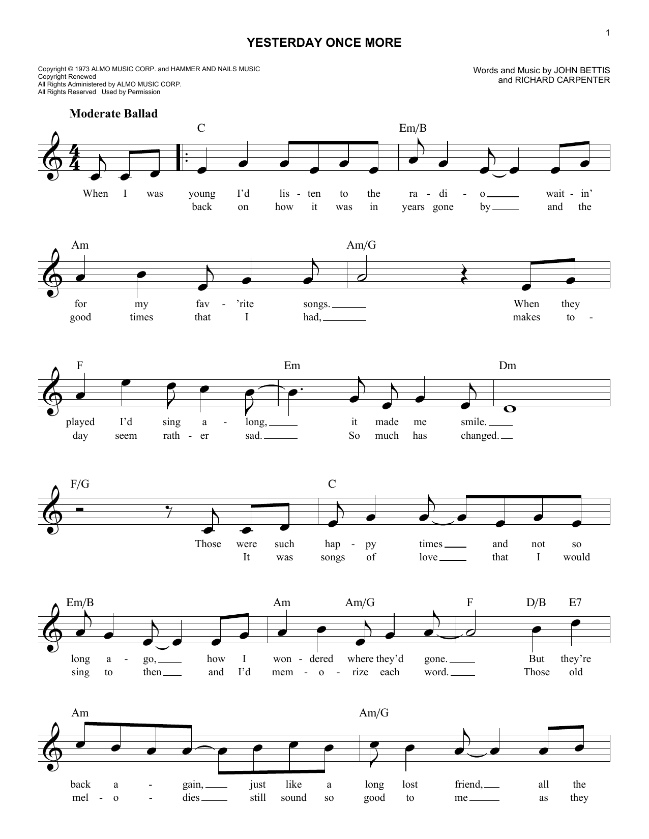 Yesterday Once More (Lead Sheet / Fake Book) von The Carpenters